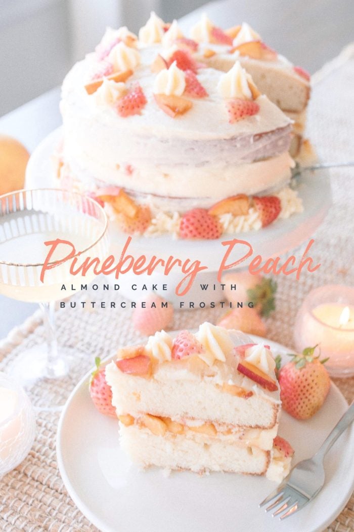 Pineberry Peach Almond Cake with Buttercream Frosting