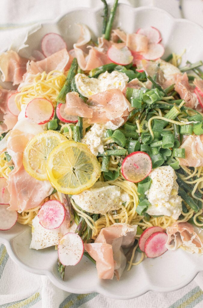 Summer recipes, cookbook club, pasta, asparagus salad, pasta dish, burrata, lemon pasta, summer salad, summer pasta, prosciutto, lemon pepper, green onion, radish, summer recipe potluck, garden party, pretty salads, delicious salad recipe, healthy dinner idea, recipe idea, girl dinner, healthy food, wholefoods, refreshing salad, fresh pasta