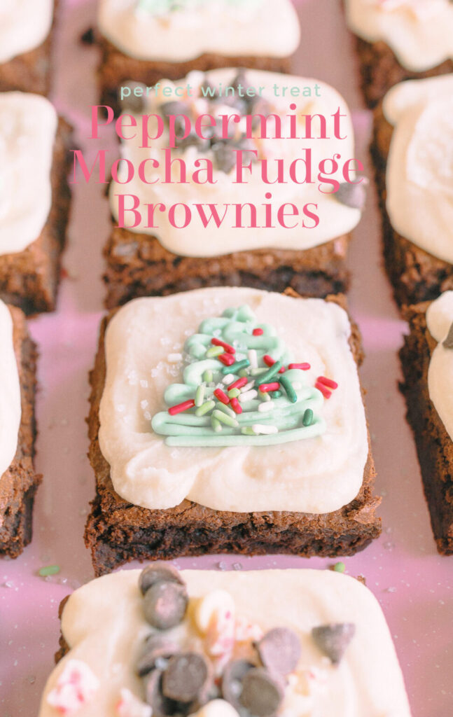 The BEST brownies you'll ever eat, fudge brownies, fudgy brownies, peppermint mocha, christmas baking, baking brownies, holiday baking, best brownies in the world, fudge brownies, gluten-free, buttery rich brownies, peppermint mocha flavored desserts, peppermint brownies, amazing brownies, holiday baking, chocolate brownies, peppermint mocha desserts, frosted brownies, peppermint mocha buttercream, brownies with christmas trees