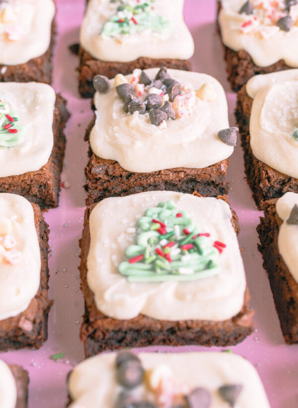 The BEST brownies you'll ever eat, fudge brownies, fudgy brownies, peppermint mocha, christmas baking, baking brownies, holiday baking, best brownies in the world, fudge brownies, gluten-free, buttery rich brownies, peppermint mocha flavored desserts, peppermint brownies, amazing brownies, holiday baking, chocolate brownies, peppermint mocha desserts, frosted brownies, peppermint mocha buttercream, brownies with christmas trees