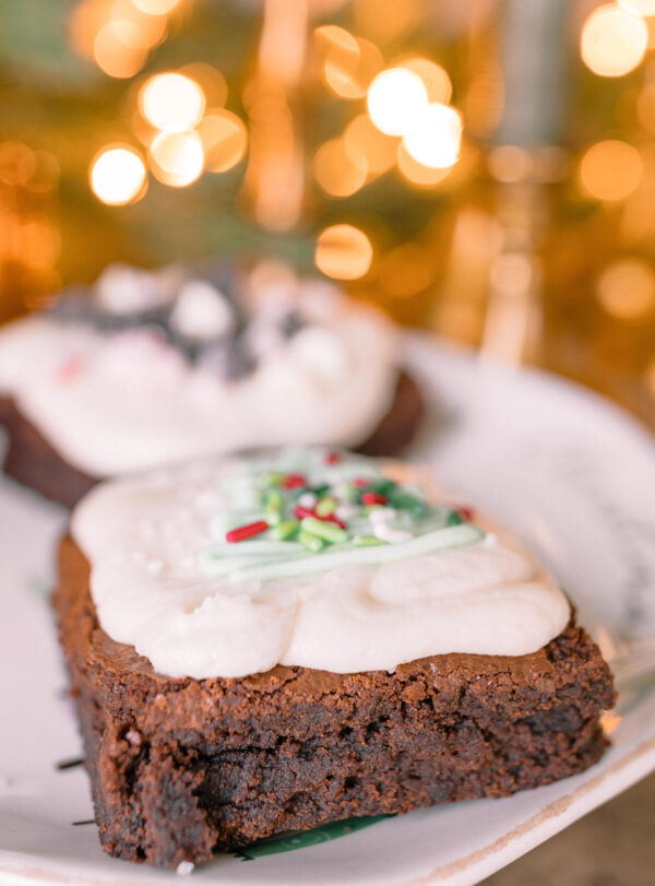 The BEST brownies you'll ever eat, fudge brownies, fudgy brownies, peppermint mocha, christmas baking, baking brownies, holiday baking, best brownies in the world, fudge brownies, gluten-free, buttery rich brownies, peppermint mocha flavored desserts, peppermint brownies, amazing brownies, holiday baking, chocolate brownies, peppermint mocha desserts, frosted brownies, peppermint mocha buttercream, brownies with christmas trees