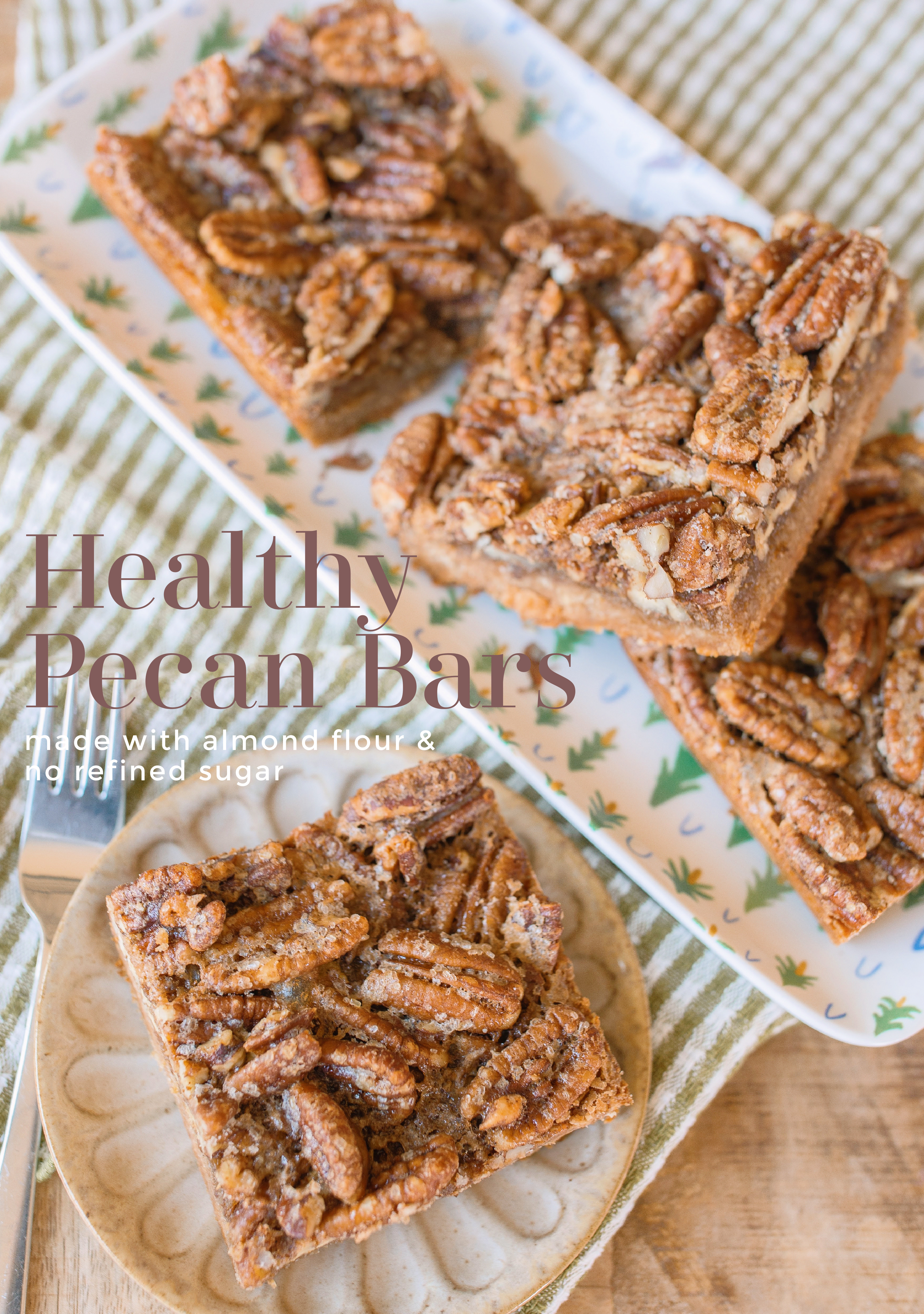 pecan bars, gluten free pecan bars, almond flour pecan bars, healthy pecan bars, refined sugar free pecan bars, maple pecan bars, coconut sugar pecan bars, paleo pecan bars, easy pecan bar recipe, thanksgiving pecan bars, thanksgiving dessert recipes, fall dessert recipes, healthy holiday desserts, gluten free thanksgiving desserts, no refined sugar desserts, maple syrup desserts, almond flour dessert recipes, coconut sugar desserts, easy holiday baking, healthy pecan pie bars