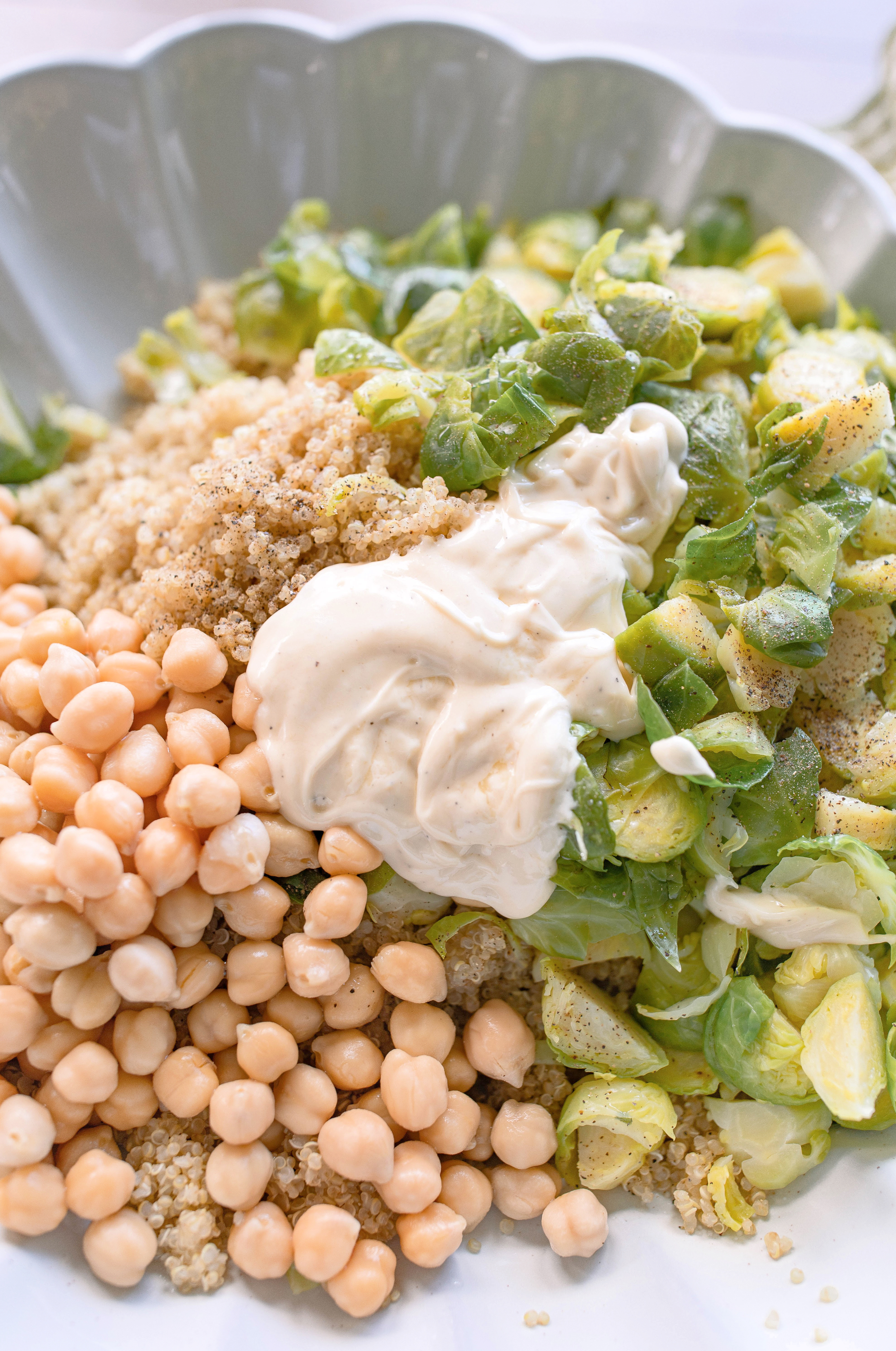 healthy salad, quinoa salad, brussels sprouts, cranberries, green apple salad, walnut salad, goat cheese, chickpeas, vegetarian, healthy salad, make ahead salad, brussels, easy quick salad recipe, gluten free, high protein, healthy eating, recipes for the family, eat better, diet, cranberries, winter, warm, filling salad