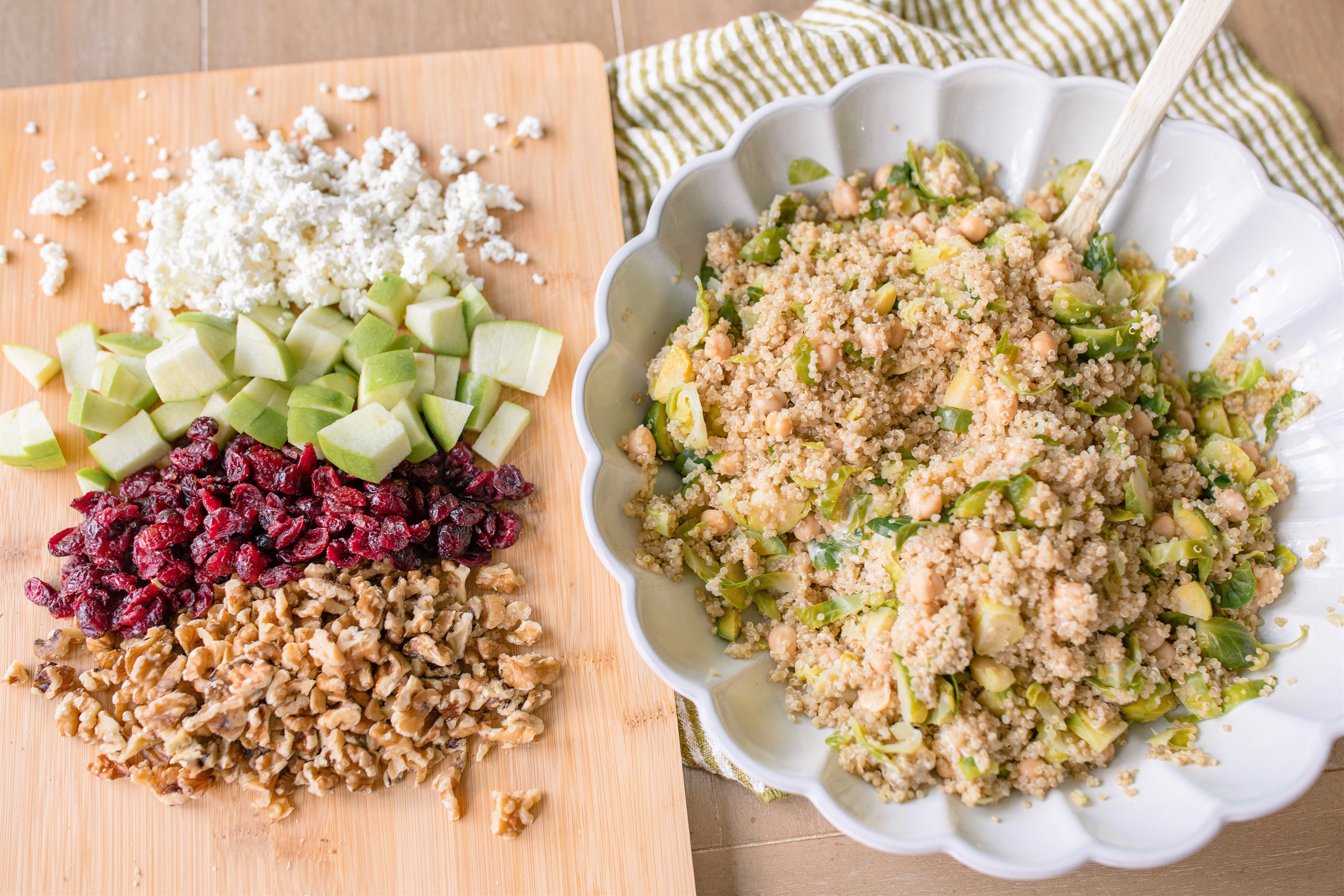 healthy salad, quinoa salad, brussels sprouts, cranberries, green apple salad, walnut salad, goat cheese, chickpeas, vegetarian, healthy salad, make ahead salad, brussels, easy quick salad recipe, gluten free, high protein, healthy eating, recipes for the family, eat better, diet, cranberries, winter, warm, filling salad