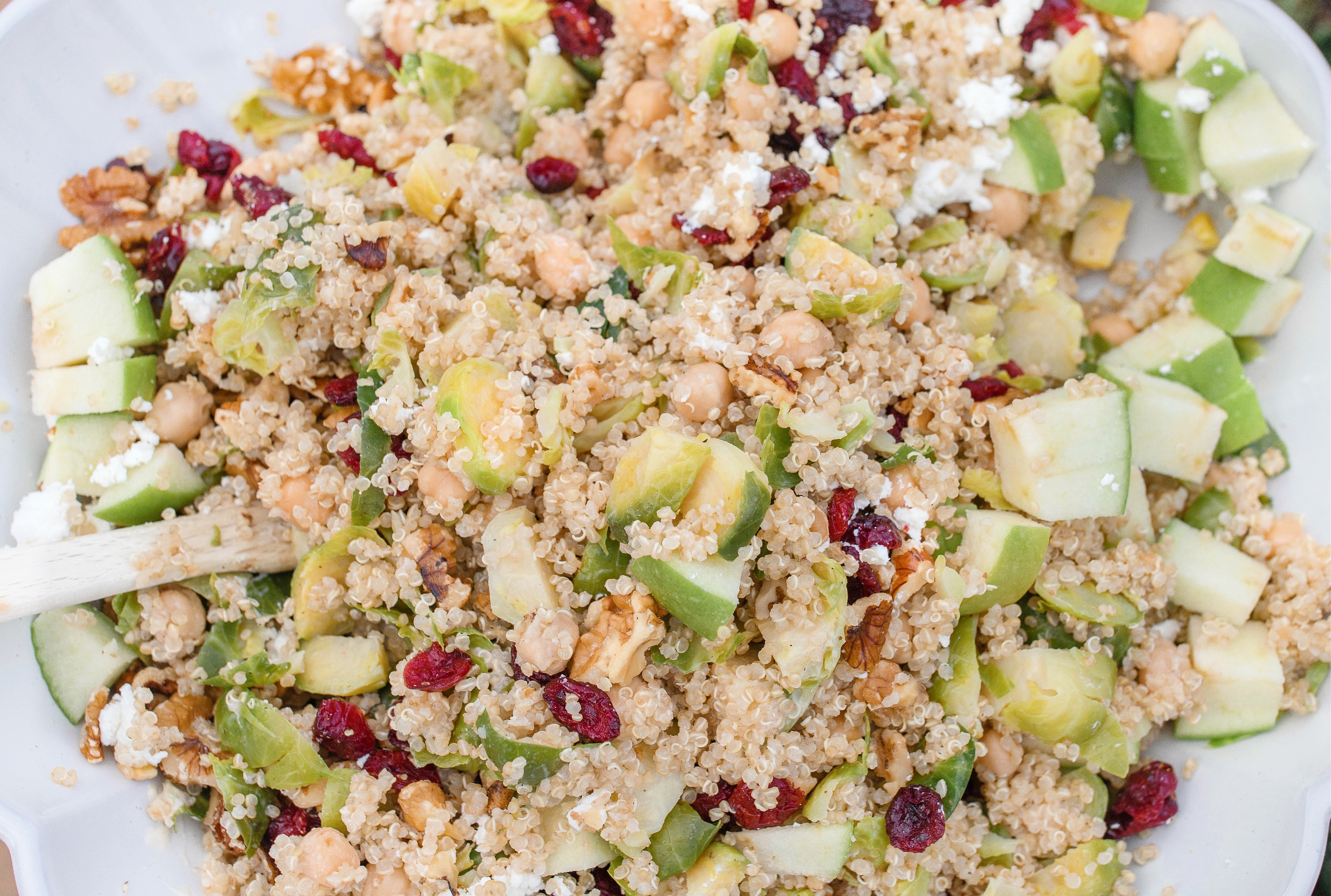 healthy salad, quinoa salad, brussels sprouts, cranberries, green apple salad, walnut salad, goat cheese, chickpeas, vegetarian, healthy salad, make ahead salad, brussels, easy quick salad recipe, gluten free, high protein, healthy eating, recipes for the family, eat better, diet, cranberries, winter, warm, filling salad