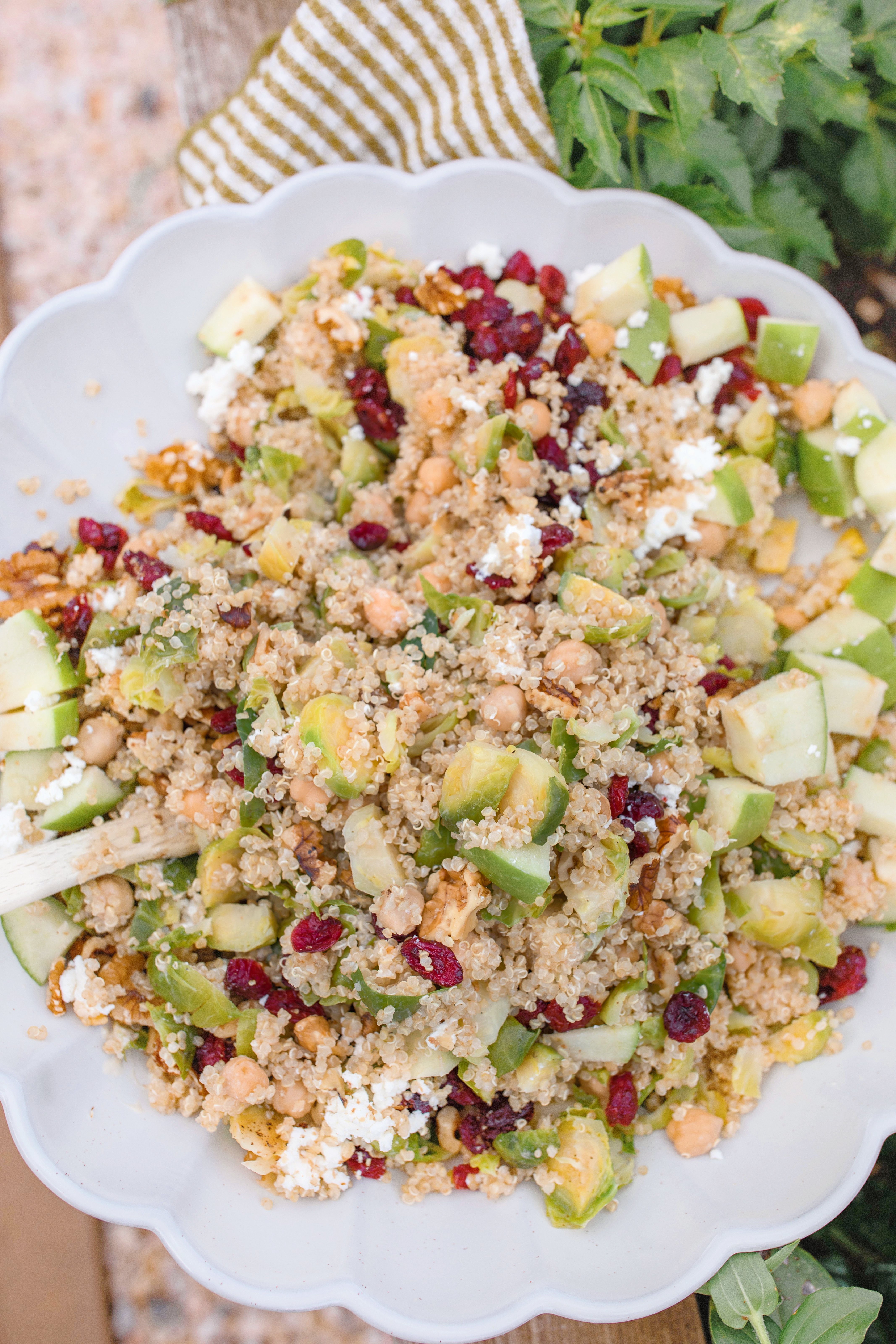 healthy salad, quinoa salad, brussels sprouts, cranberries, green apple salad, walnut salad, goat cheese, chickpeas, vegetarian, healthy salad, make ahead salad, brussels, easy quick salad recipe, gluten free, high protein, healthy eating, recipes for the family, eat better, diet, cranberries, winter, warm, filling salad