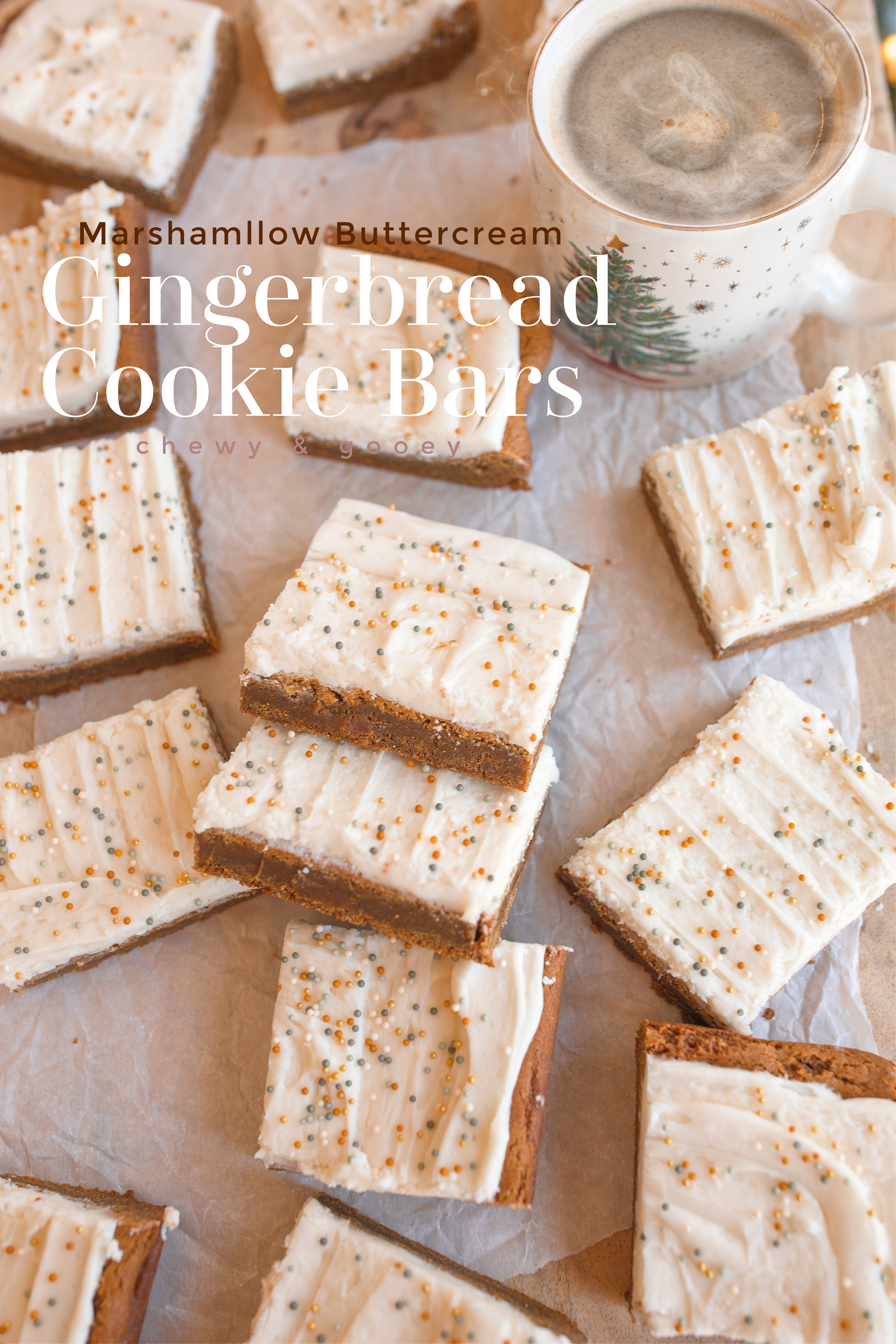 gingerbread cookie bars, chewy gingerbread cookie bar recipe, christmas baking, holiday recipes, christmas recipes, marshmallow buttercream, christmas recipes, gingerbread christmas