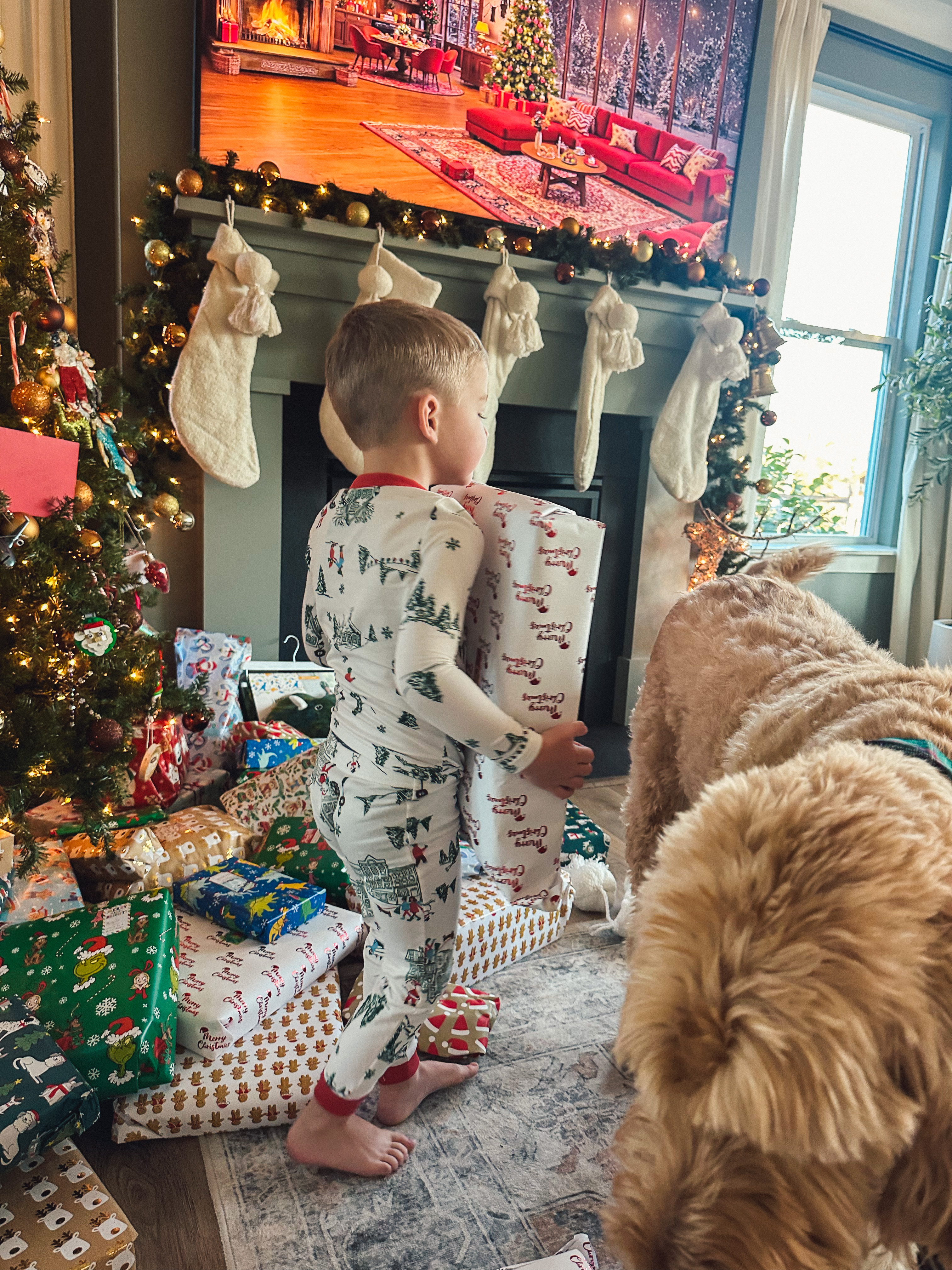 christmas recap, christmas morning, christmas blog, christmas decor, stockings, presents, toddler, dinner, table setting, home, lifestyle, blogging, motherhood, matching family pajamas, menu, holiday dinner, holiday celebrations, christmas day, pecan brownie pie, lottery pong, toddler gifts, cozy fireplace, cookies for santa, recap