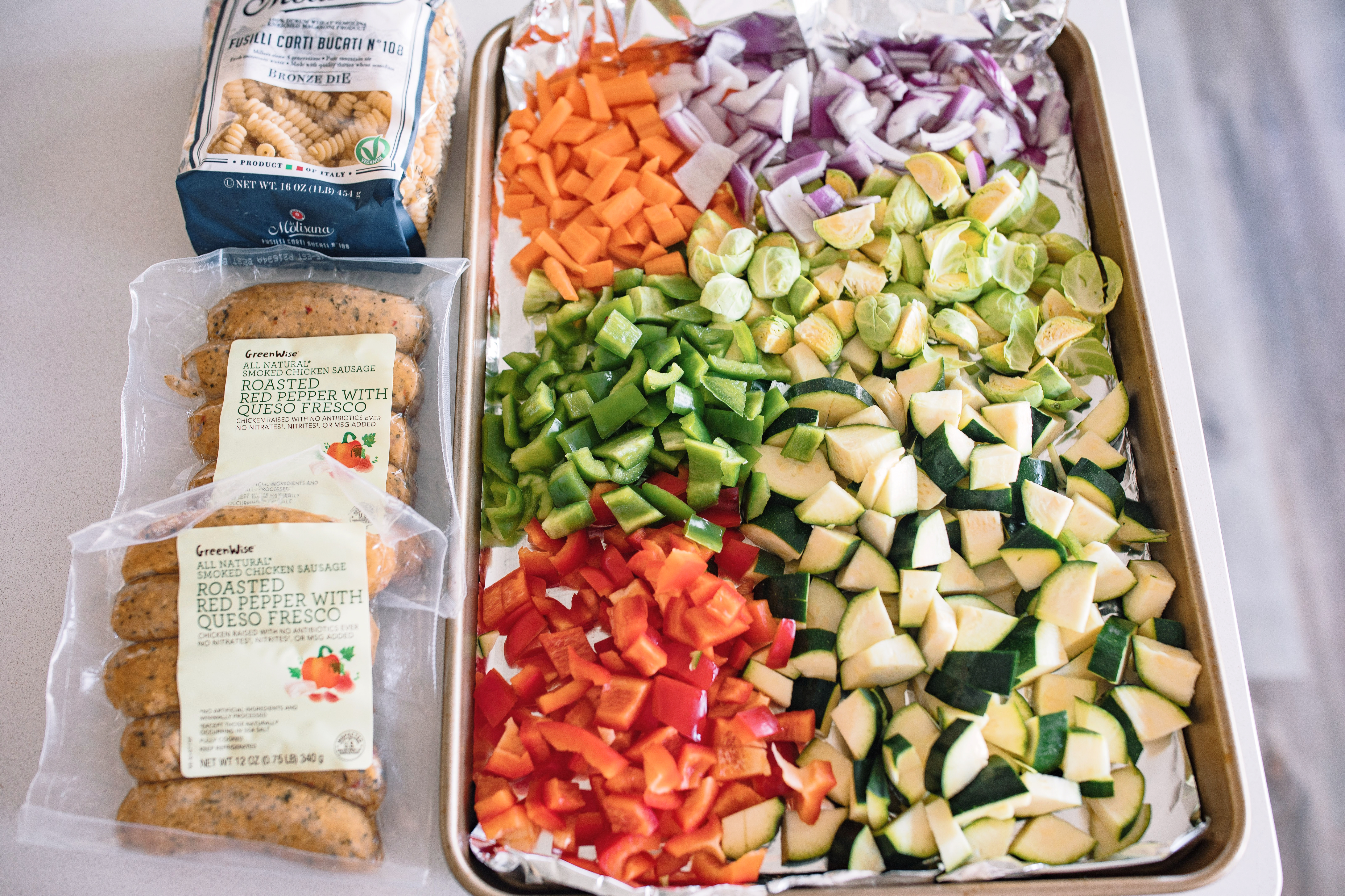 healthy recipes, healthy meal plan, vegetable, roasted veggie pasta, chicken sausage, red pepper, easy recipe, family meals, healthy eating, week night simple, lifestyle, healthy meals, high protein, high fiber, easy recipe for families, sheet pan, pasta, dinner, lunch, meal prep, eat better, healthy lifestyle, diet, plan ahead, chicken sausage