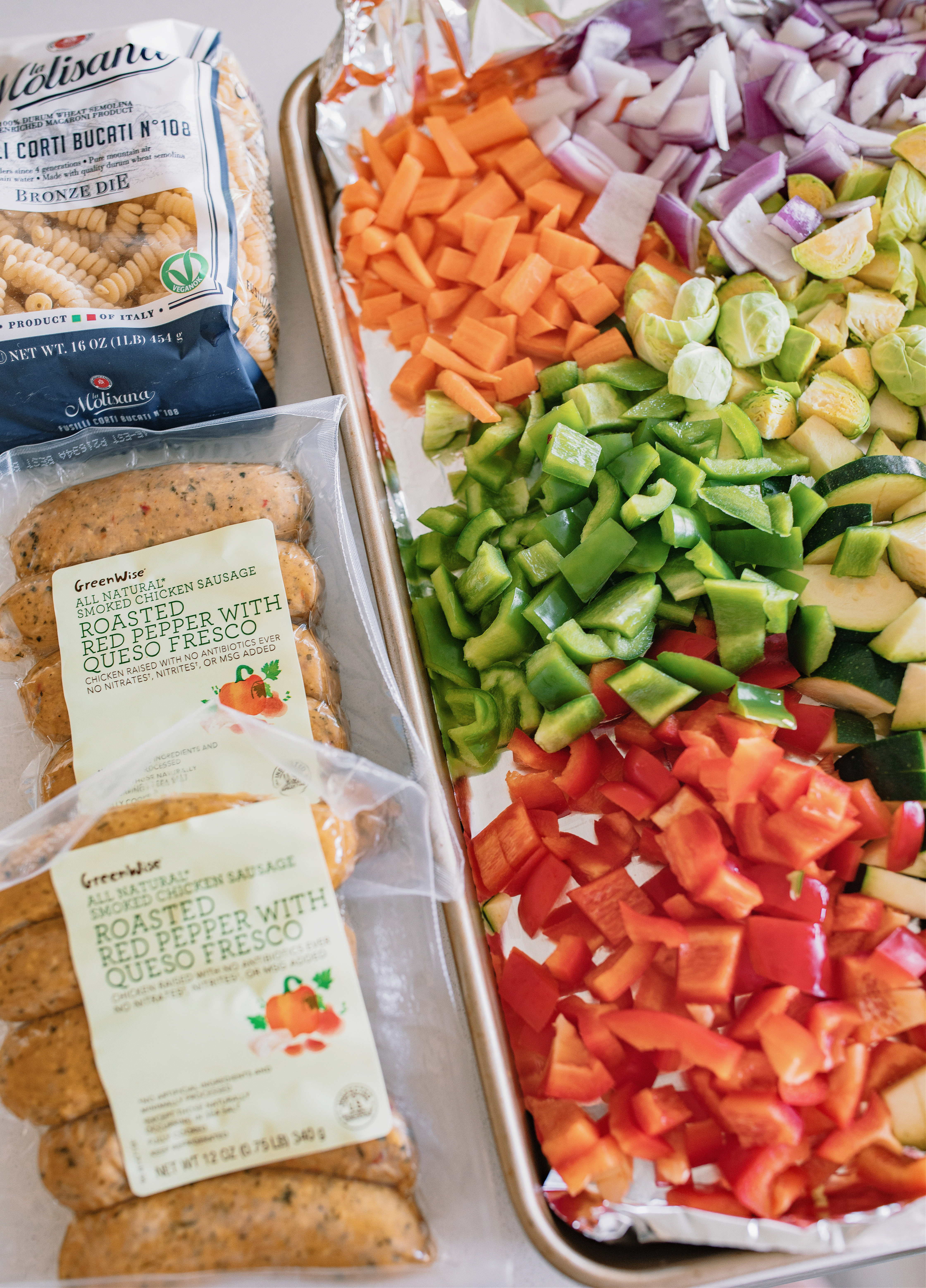 healthy recipes, healthy meal plan, vegetable, roasted veggie pasta, chicken sausage, red pepper, easy recipe, family meals, healthy eating, week night simple, lifestyle, healthy meals, high protein, high fiber, easy recipe for families, sheet pan, pasta, dinner, lunch, meal prep, eat better, healthy lifestyle, diet, plan ahead, chicken sausage