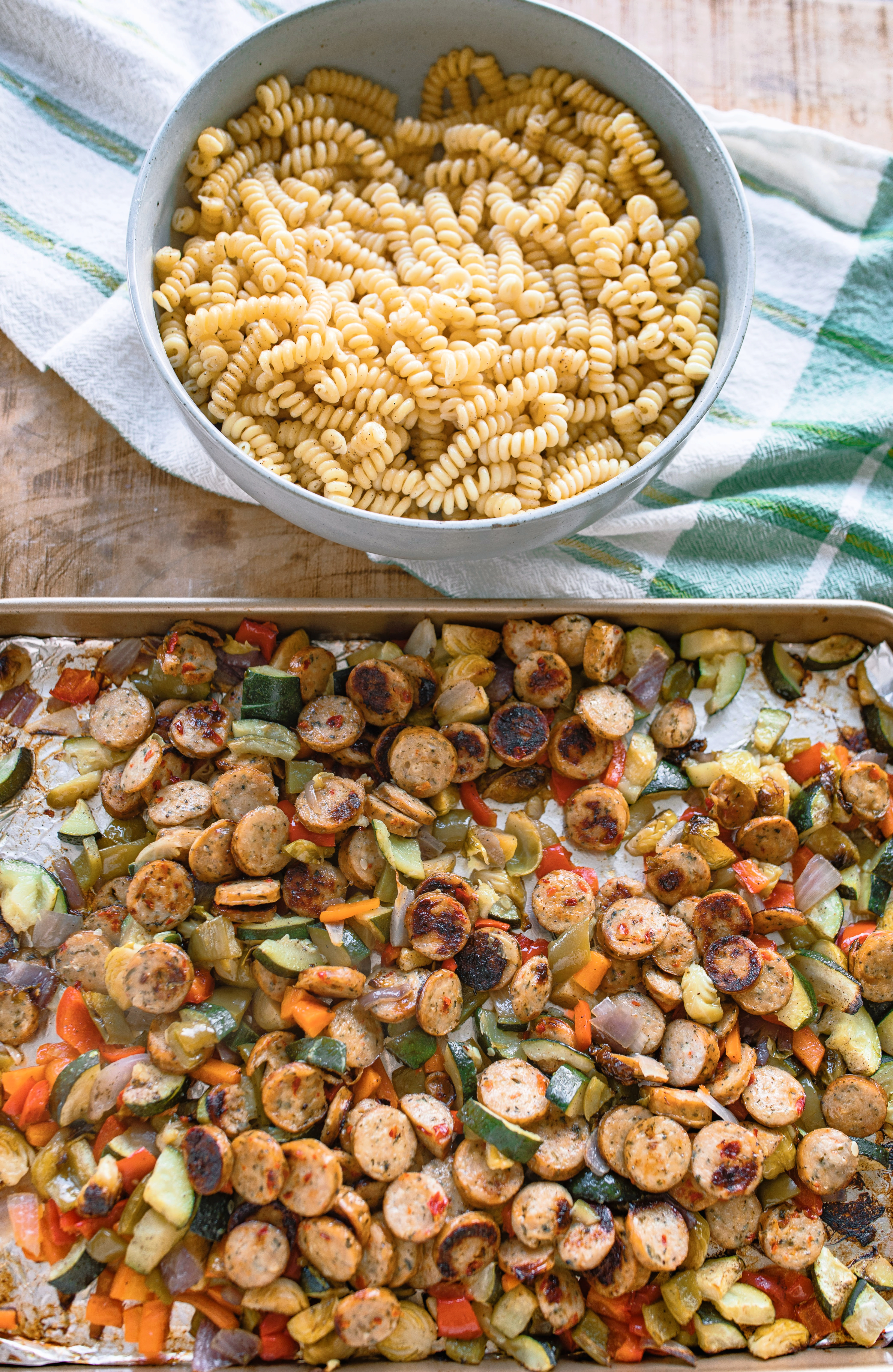 healthy recipes, healthy meal plan, vegetable, roasted veggie pasta, chicken sausage, red pepper, easy recipe, family meals, healthy eating, week night simple, lifestyle, healthy meals, high protein, high fiber, easy recipe for families, sheet pan, pasta, dinner, lunch, meal prep, eat better, healthy lifestyle, diet, plan ahead, chicken sausage