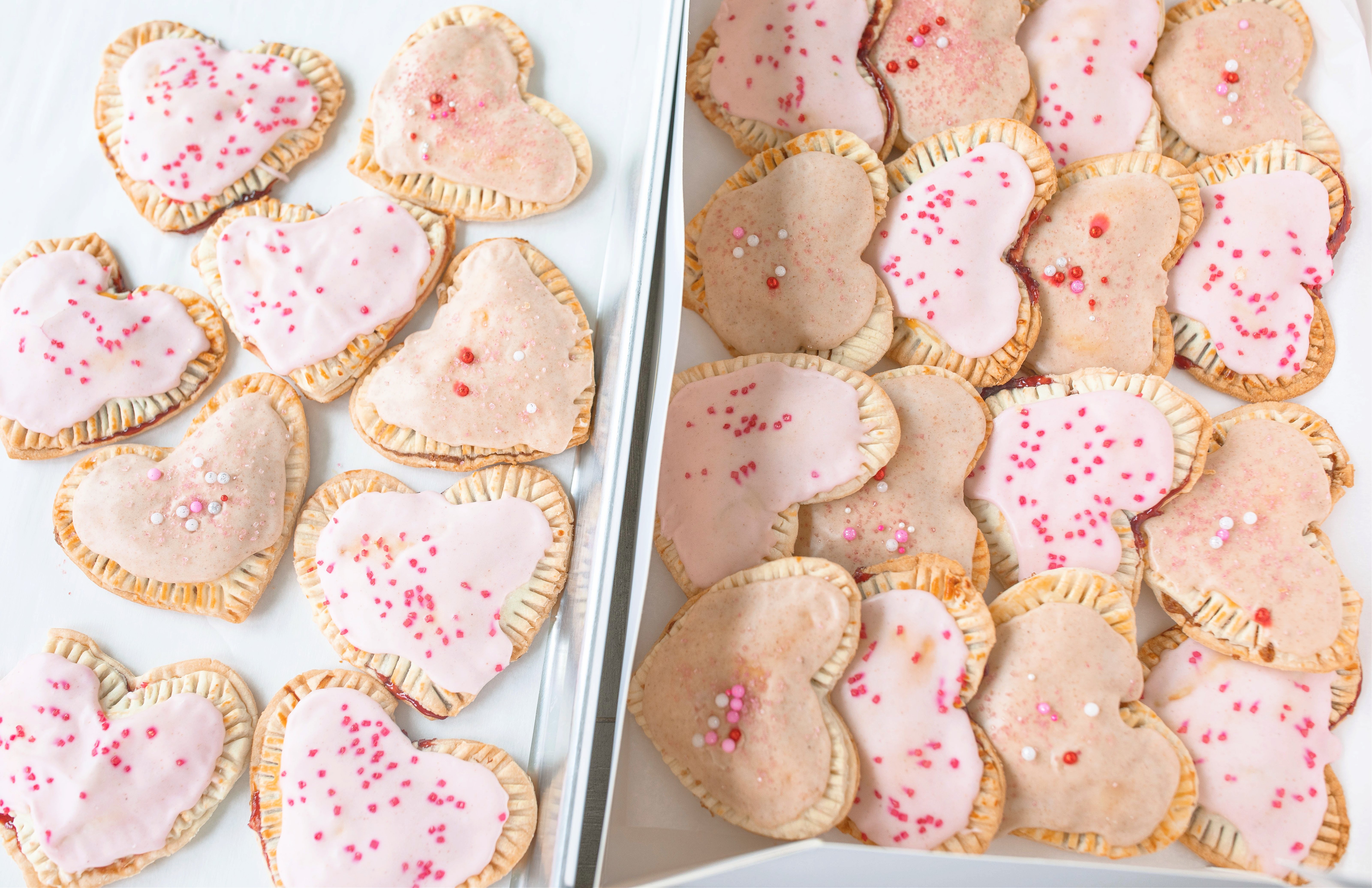 heart poptarts, cherry poptarts, brown sugar poptarts, cute poptart dessert, easy diy poptarts, valentines day, pastries, cherry almond poptarts, cute gift ideas, bakery box, recipe, easy dessert, frosted poptarts