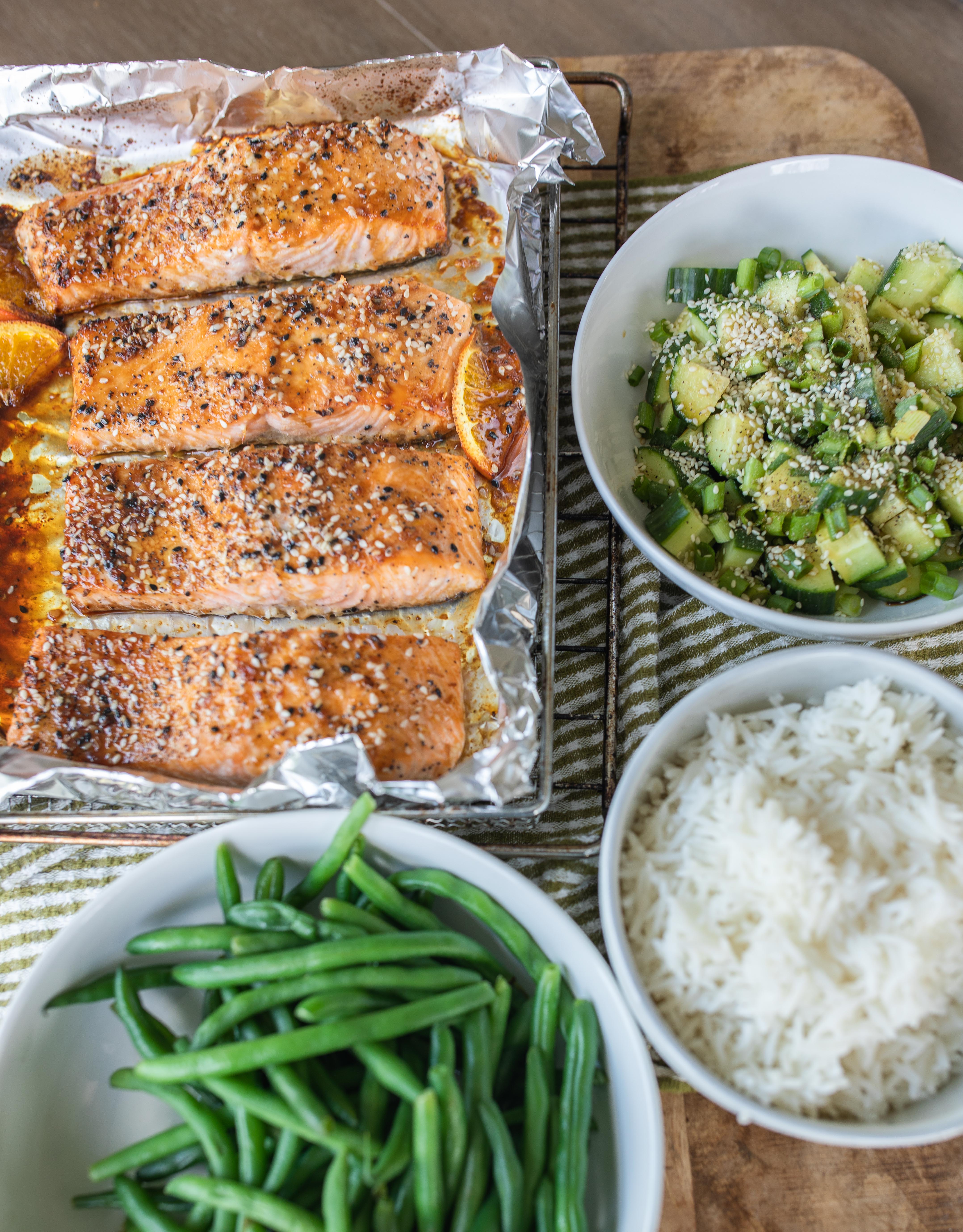 salmon, easy dinner, healthy recipe, go-to salmon filets, high protein, food, air fried, orange, soy sauce, fish, pescatarian recipes, gluten free