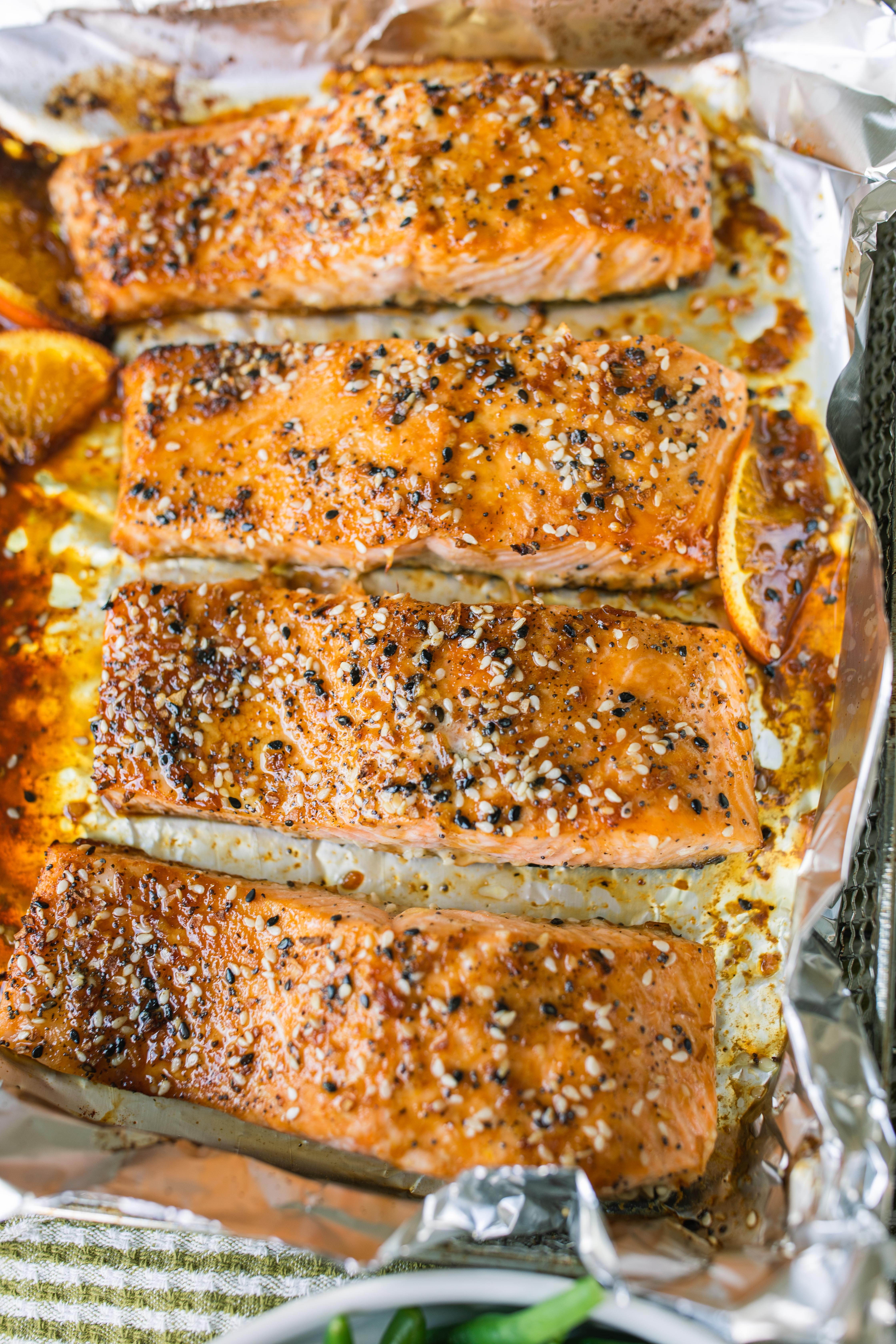 salmon, easy dinner, healthy recipe, go-to salmon filets, high protein, food, air fried, orange, soy sauce, fish, pescatarian recipes, gluten free