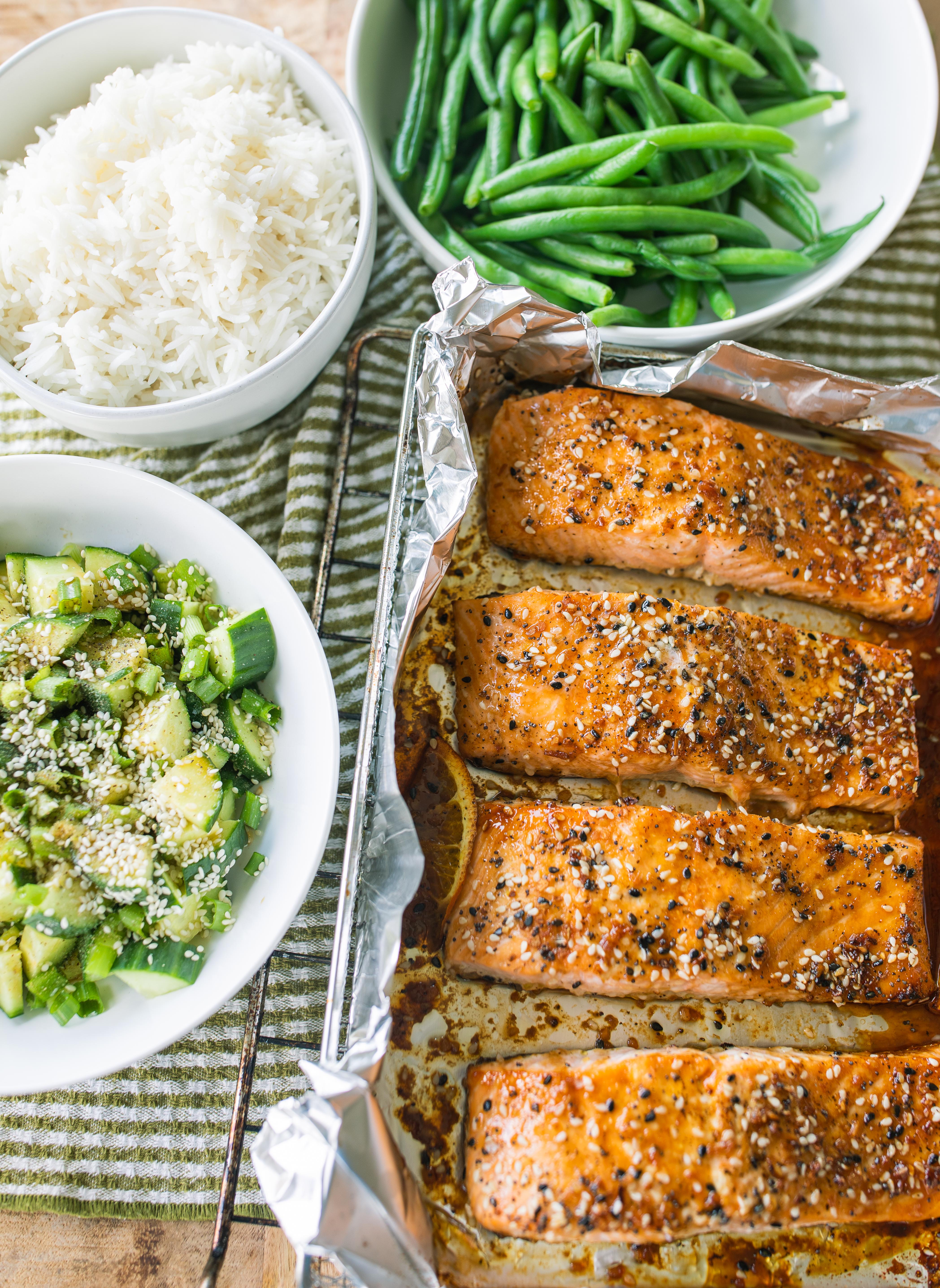 salmon, easy dinner, healthy recipe, go-to salmon filets, high protein, food, air fried, orange, soy sauce, fish, pescatarian recipes, gluten free