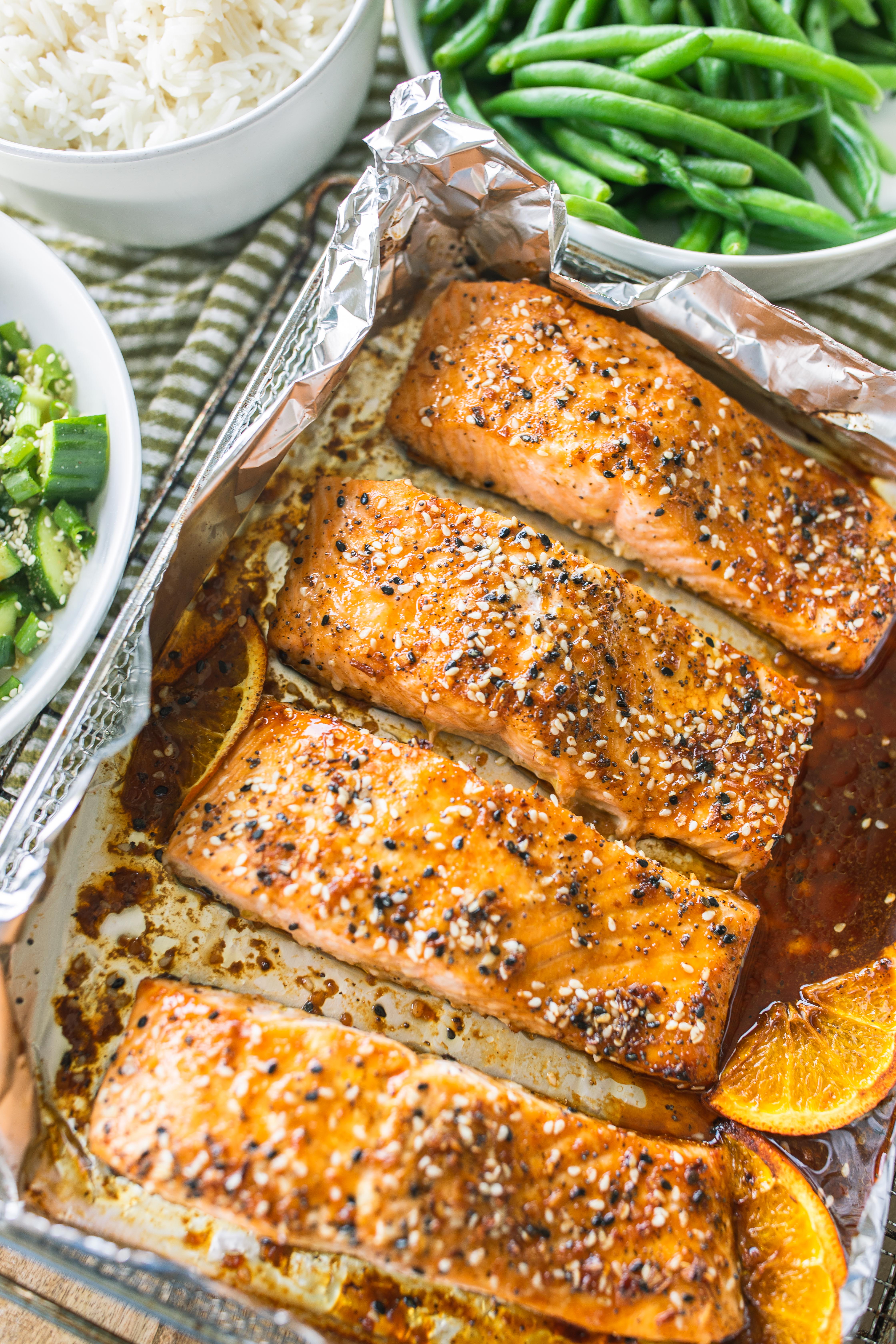 salmon, easy dinner, healthy recipe, go-to salmon filets, high protein, food, air fried, orange, soy sauce, fish, pescatarian recipes, gluten free