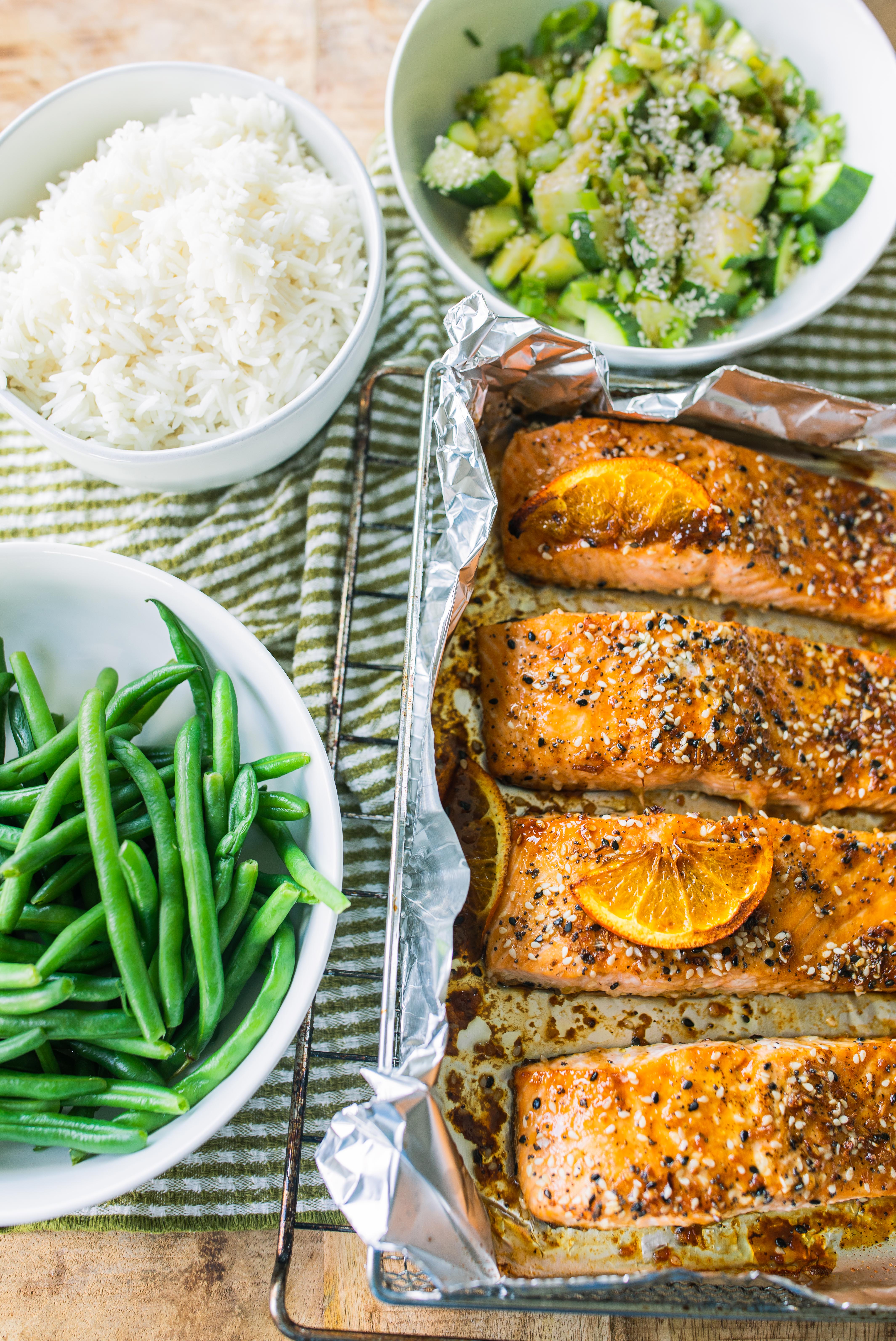 salmon, easy dinner, healthy recipe, go-to salmon filets, high protein, food, air fried, orange, soy sauce, fish, pescatarian recipes, gluten free