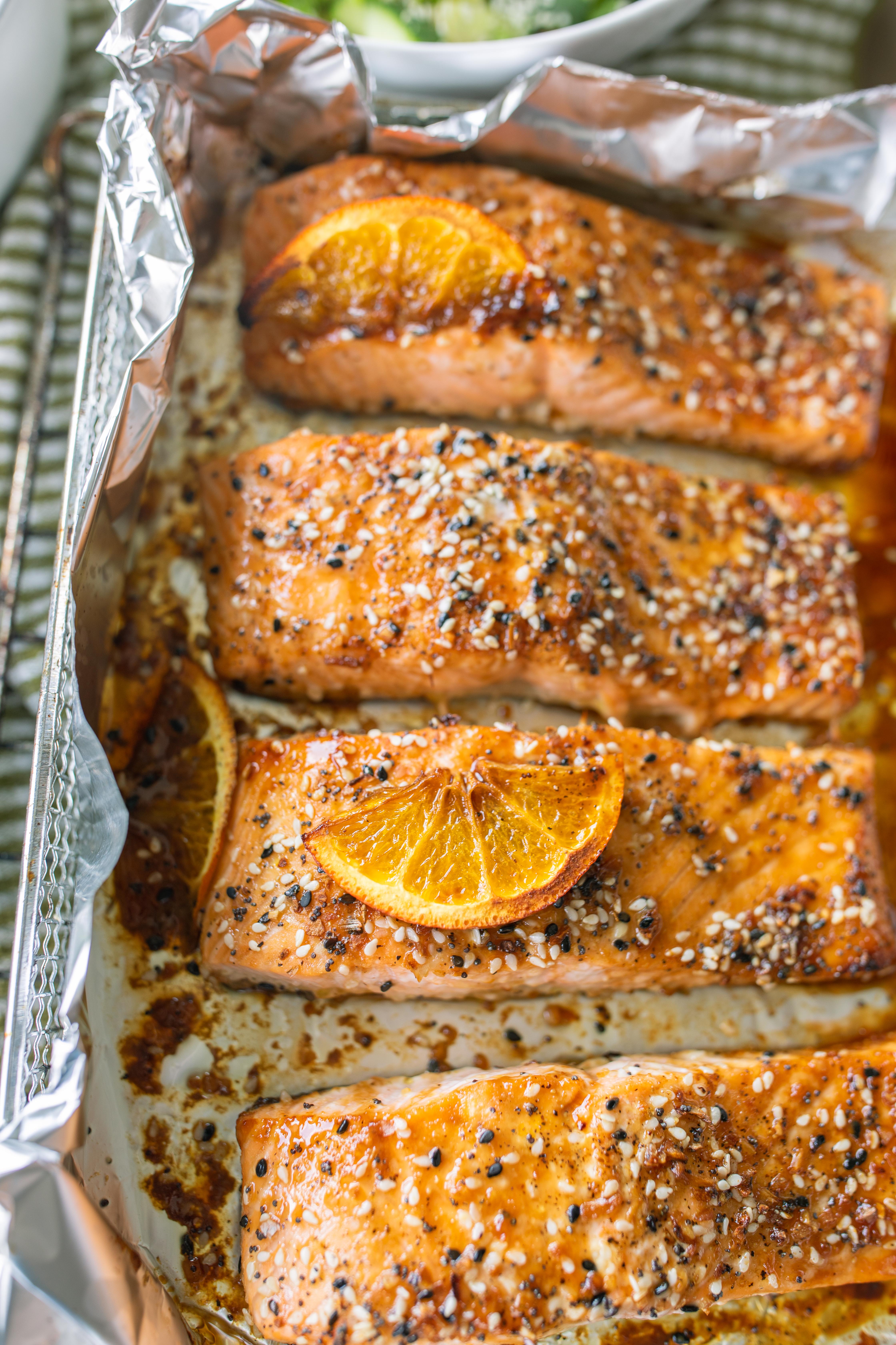 salmon, easy dinner, healthy recipe, go-to salmon filets, high protein, food, air fried, orange, soy sauce, fish, pescatarian recipes, gluten free