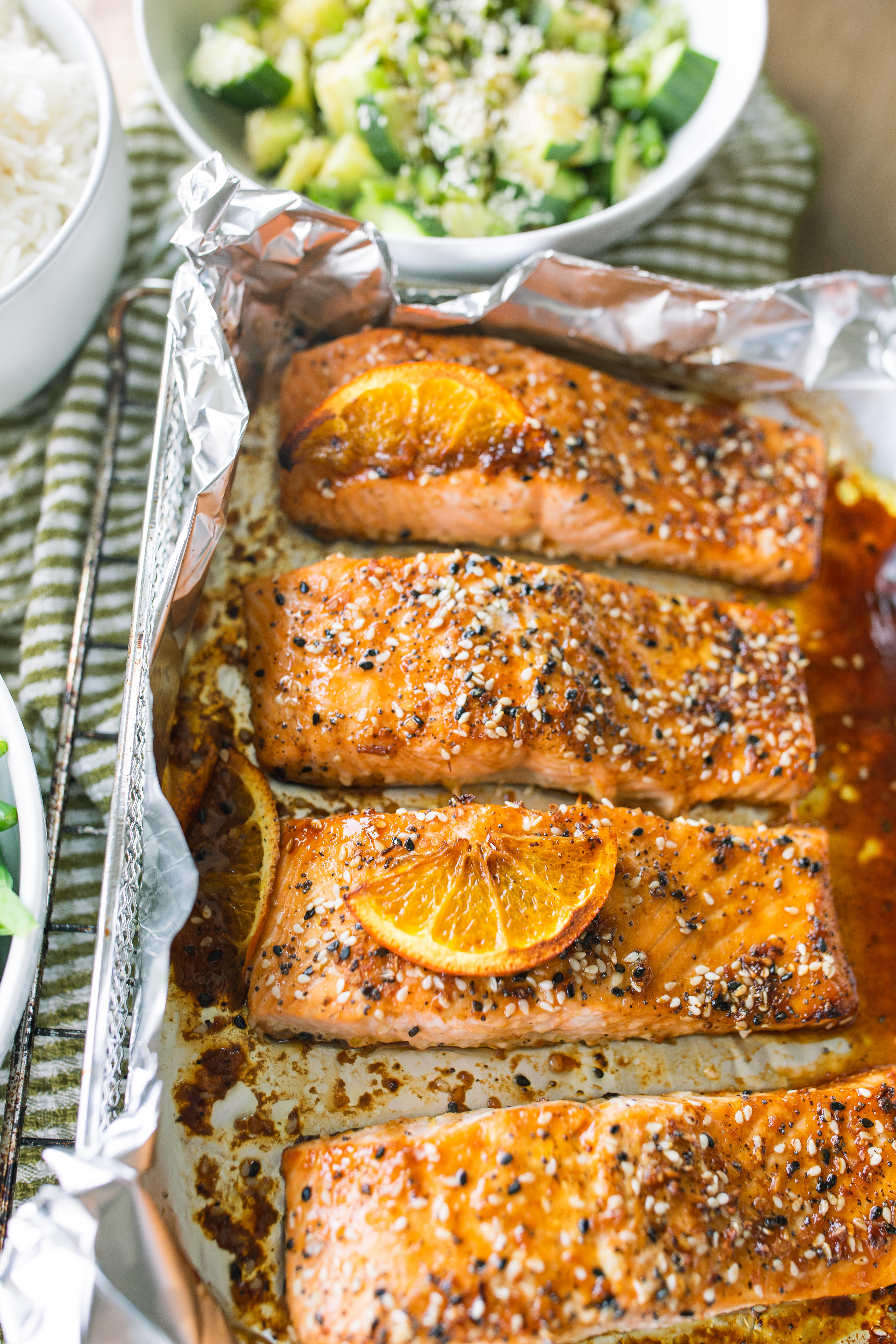 salmon, easy dinner, healthy recipe, go-to salmon filets, high protein, food, air fried, orange, soy sauce, fish, pescatarian recipes, gluten free