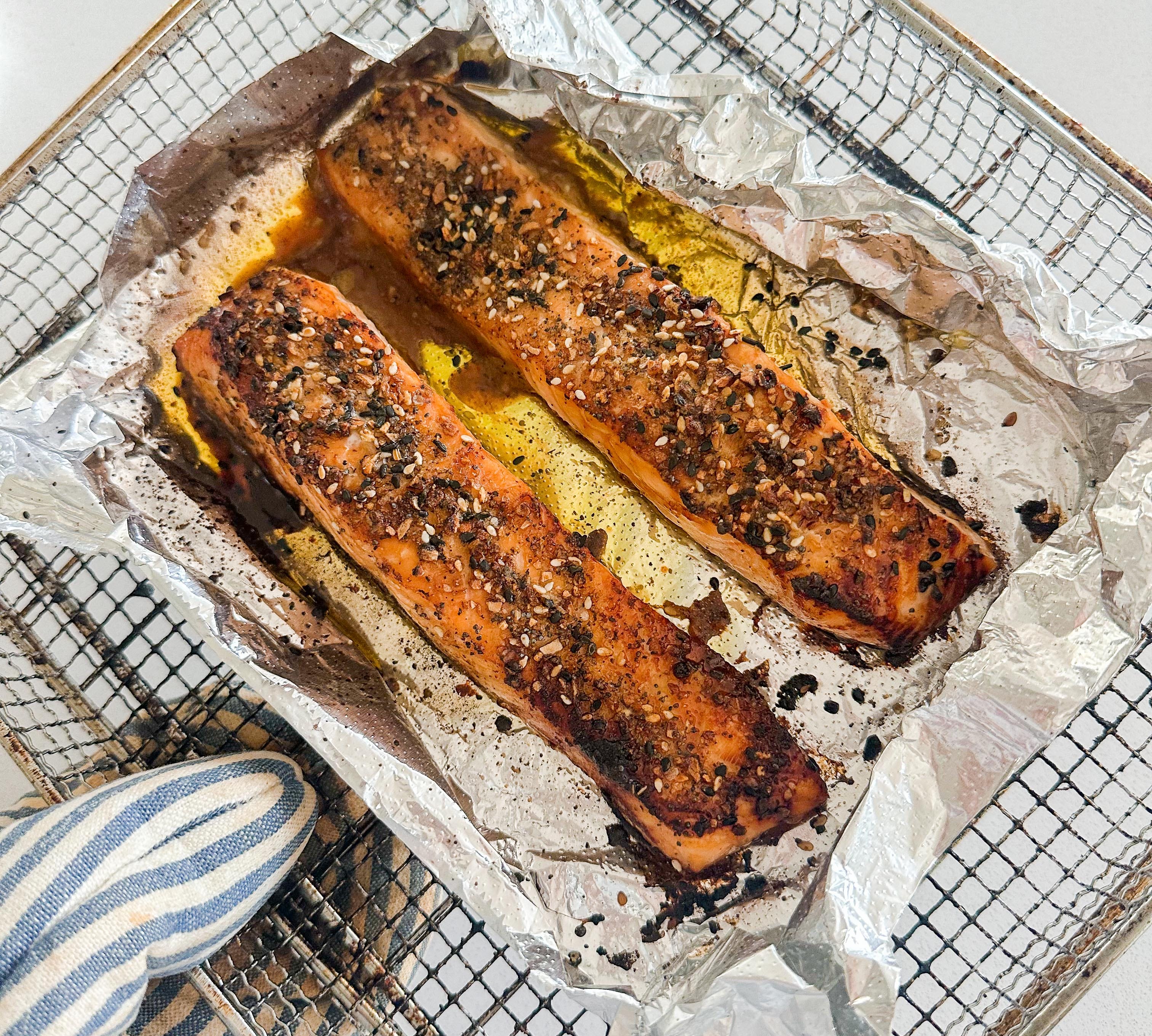 salmon, easy dinner, healthy recipe, go-to salmon filets, high protein, food, air fried, orange, soy sauce, fish, pescatarian recipes, gluten free