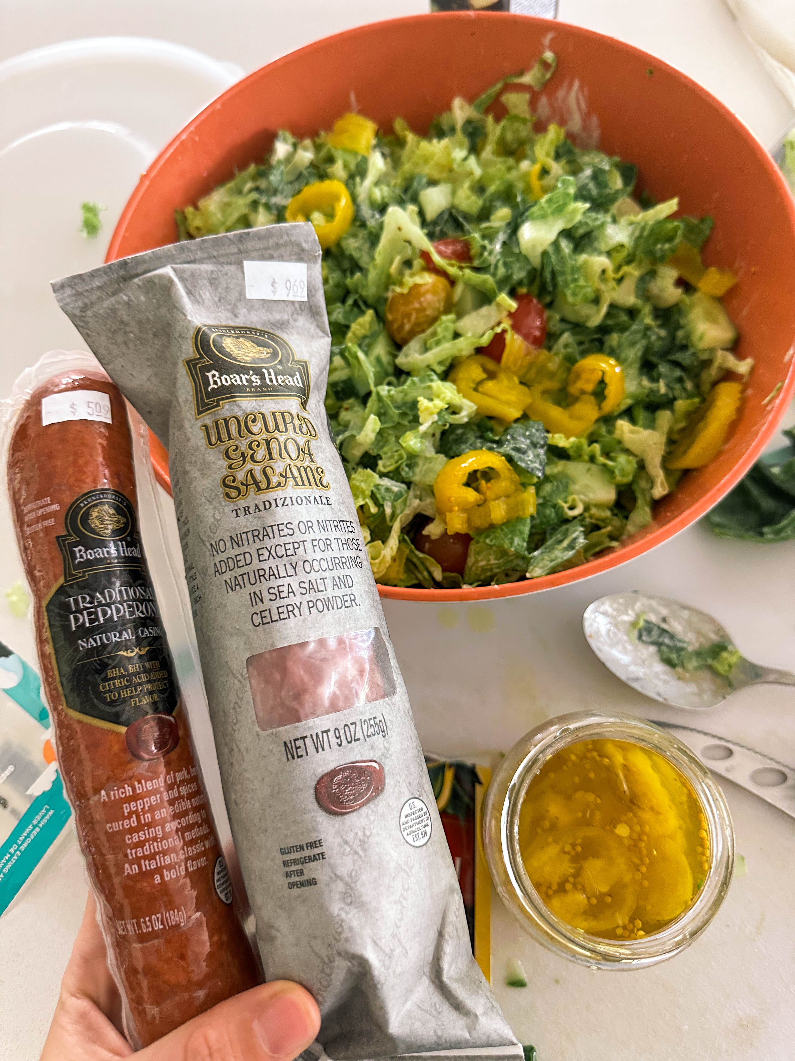 italian caesar antipasto salad, salami, pepperoni, banana peppers, romaine, fresh parmesan, party, salad, fresh, healthy, easy recipe, salad that goes with pizza, gluten free, easy dinner