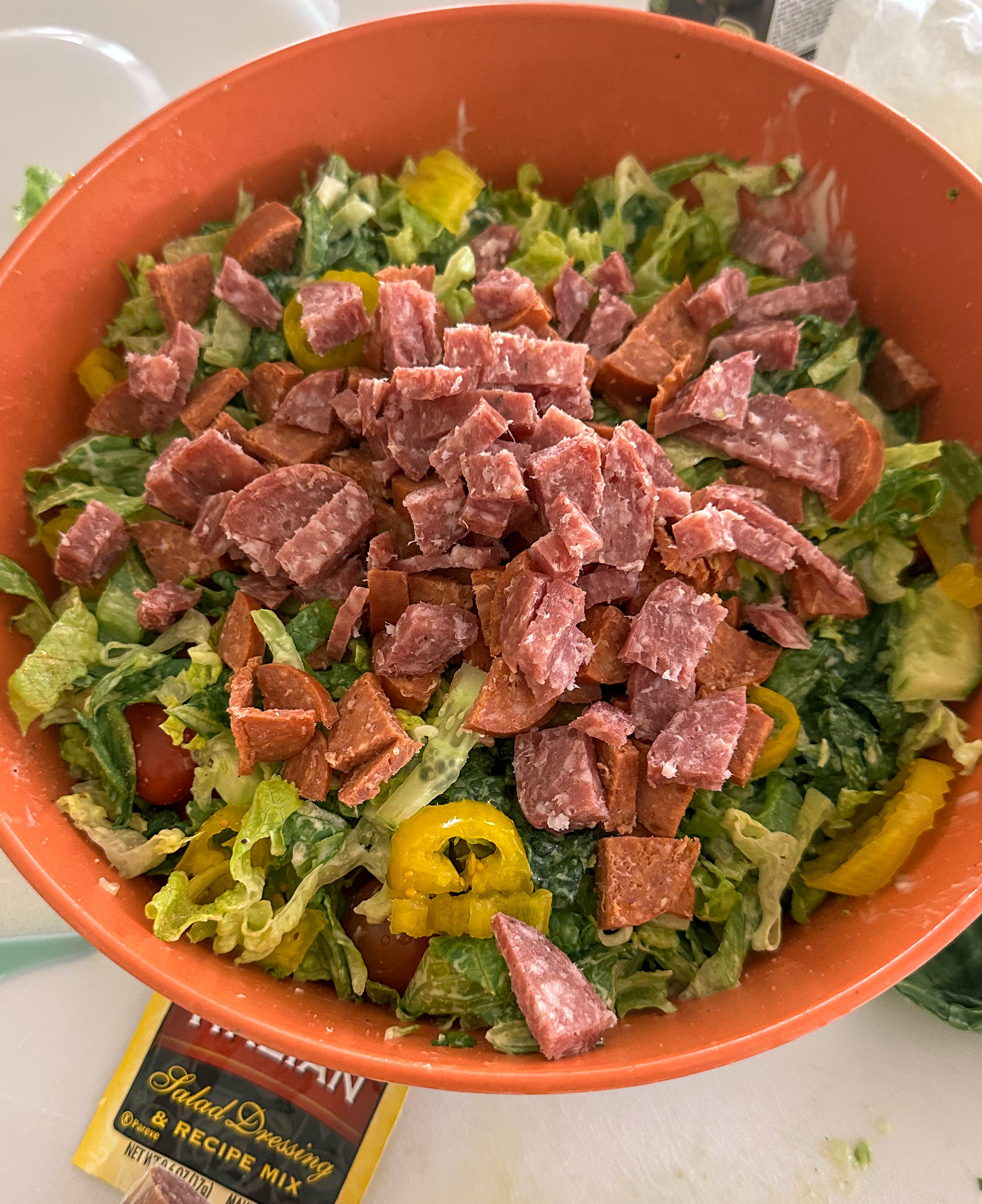 italian caesar antipasto salad, salami, pepperoni, banana peppers, romaine, fresh parmesan, party, salad, fresh, healthy, easy recipe, salad that goes with pizza, gluten free, easy dinner