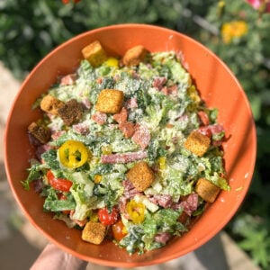 italian caesar antipasto salad, salami, pepperoni, banana peppers, romaine, fresh parmesan, party, salad, fresh, healthy, easy recipe, salad that goes with pizza, gluten free, easy dinner