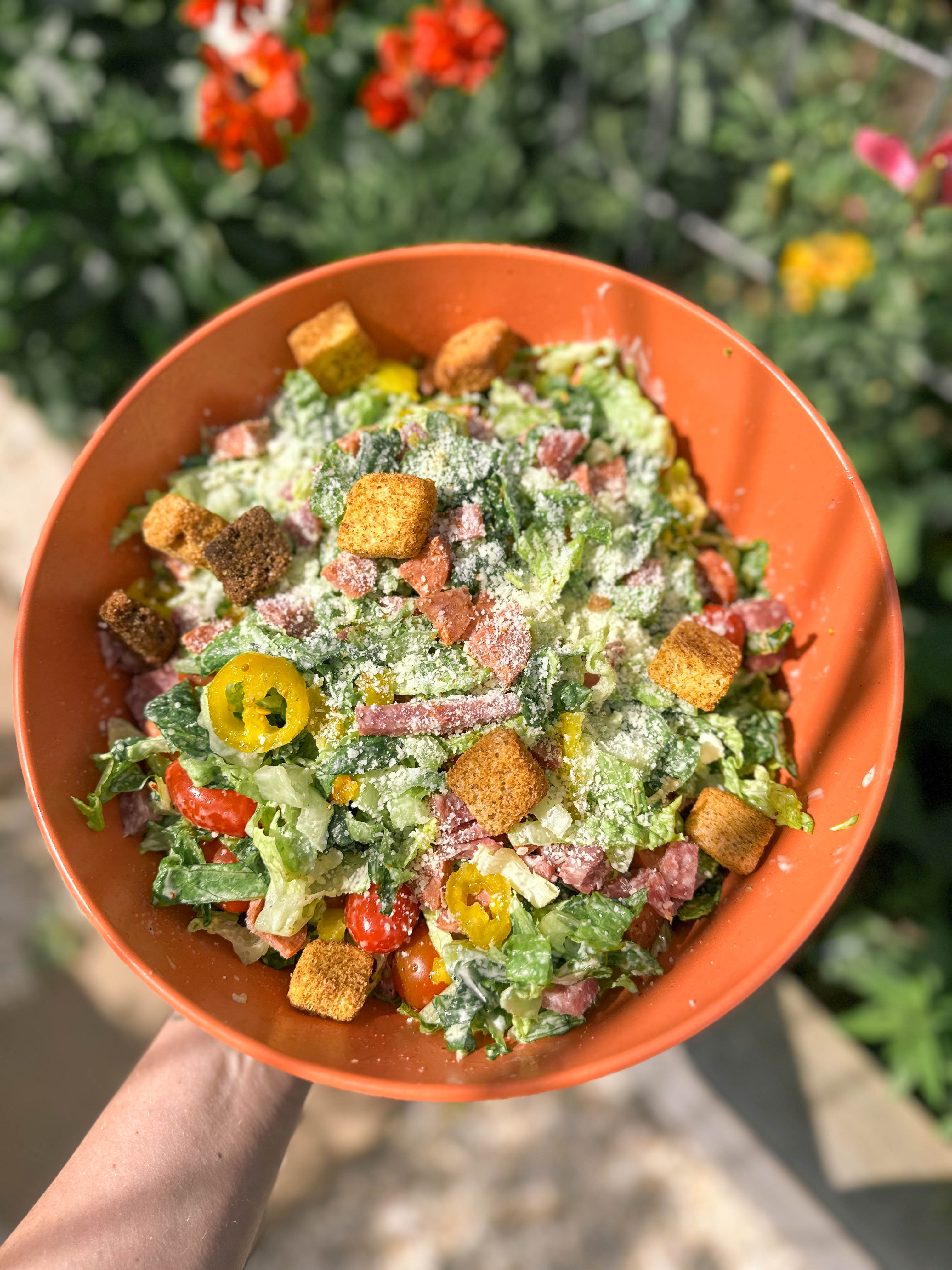 italian caesar antipasto salad, salami, pepperoni, banana peppers, romaine, fresh parmesan, party, salad, fresh, healthy, easy recipe, salad that goes with pizza, gluten free, easy dinner