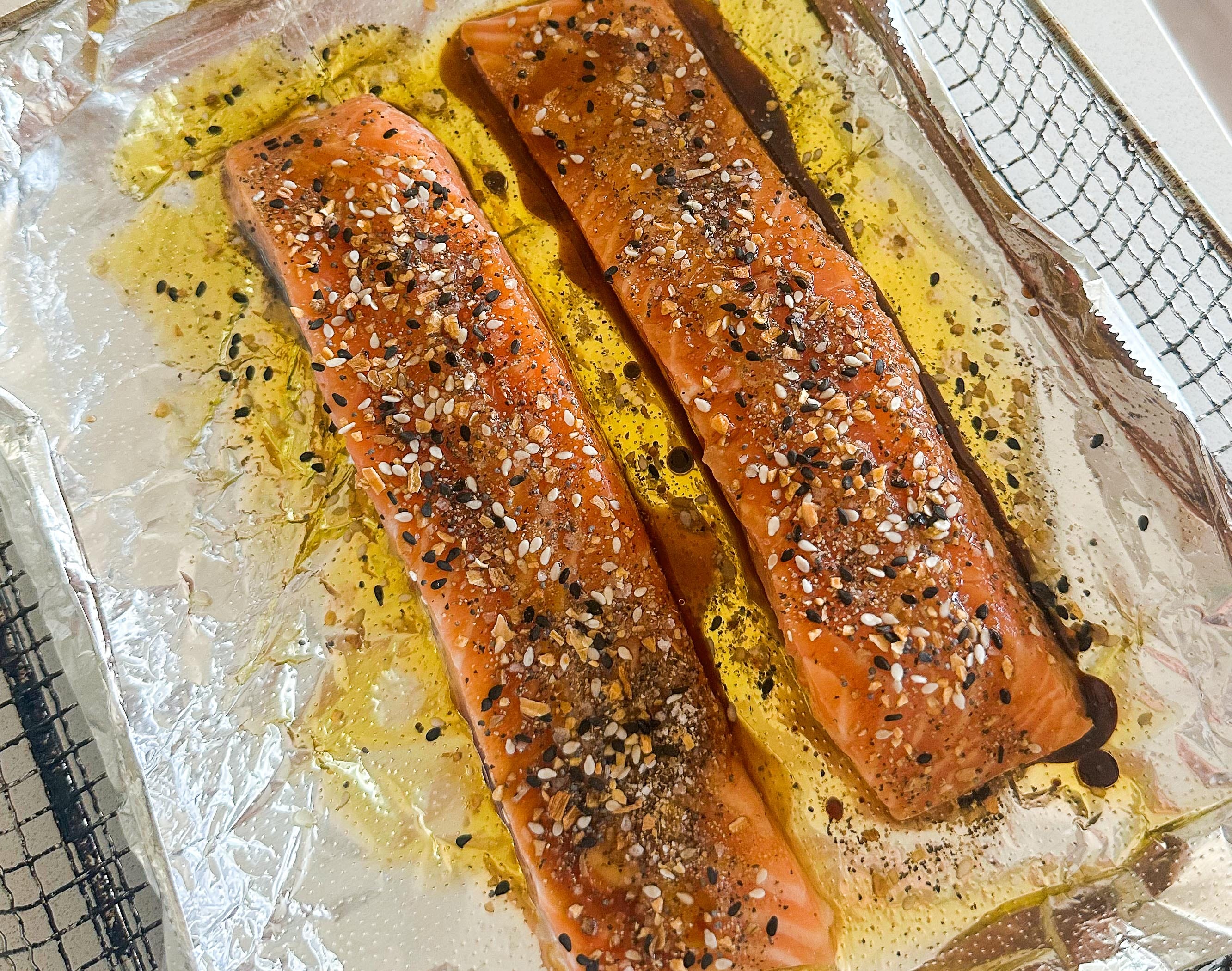salmon, easy dinner, healthy recipe, go-to salmon filets, high protein, food, air fried, orange, soy sauce, fish, pescatarian recipes, gluten free