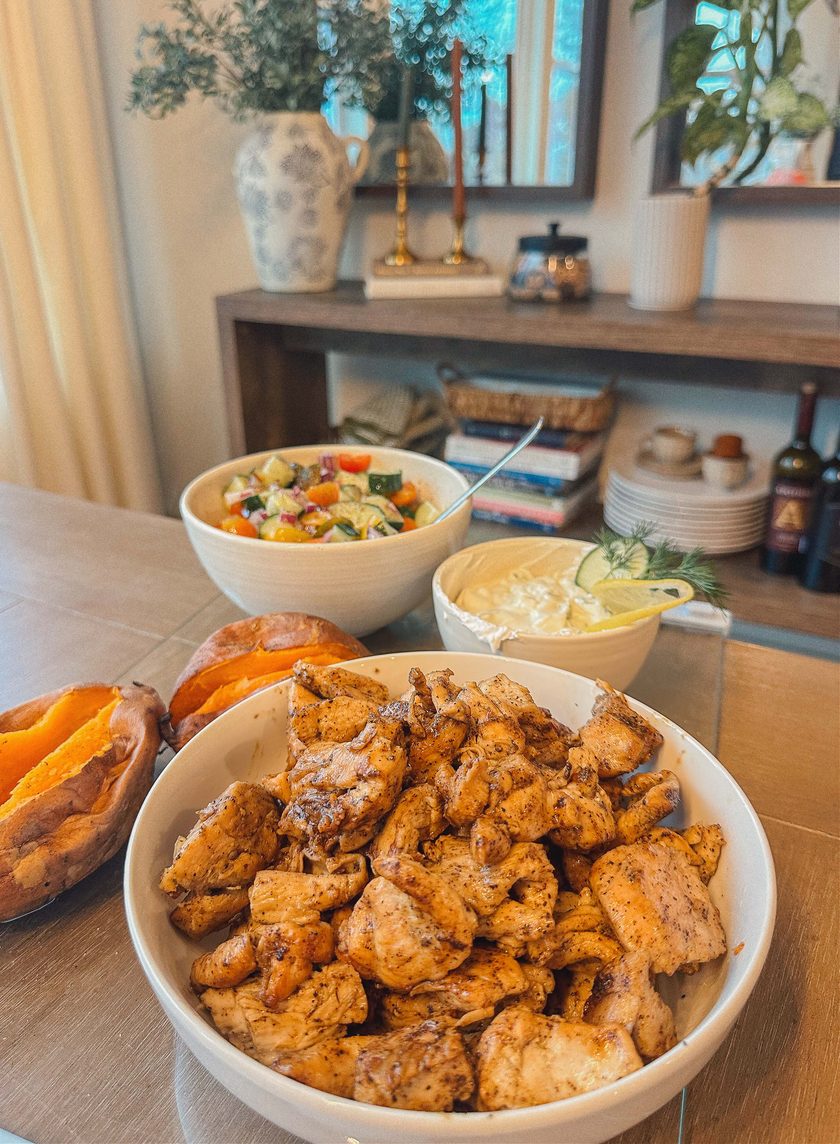 greek bowls, chicken, tzatziki, sweet potato, healthy dinner, gluten free, greek dressing, cucumbers, healthy dinner, easy 30 minute meal, meal prep, recipes, simply taralynn, greek bowls for dinner, dutch oven chicken, easy dinner idea, lemon, family dinner, food prep, nutrition, protein bowls