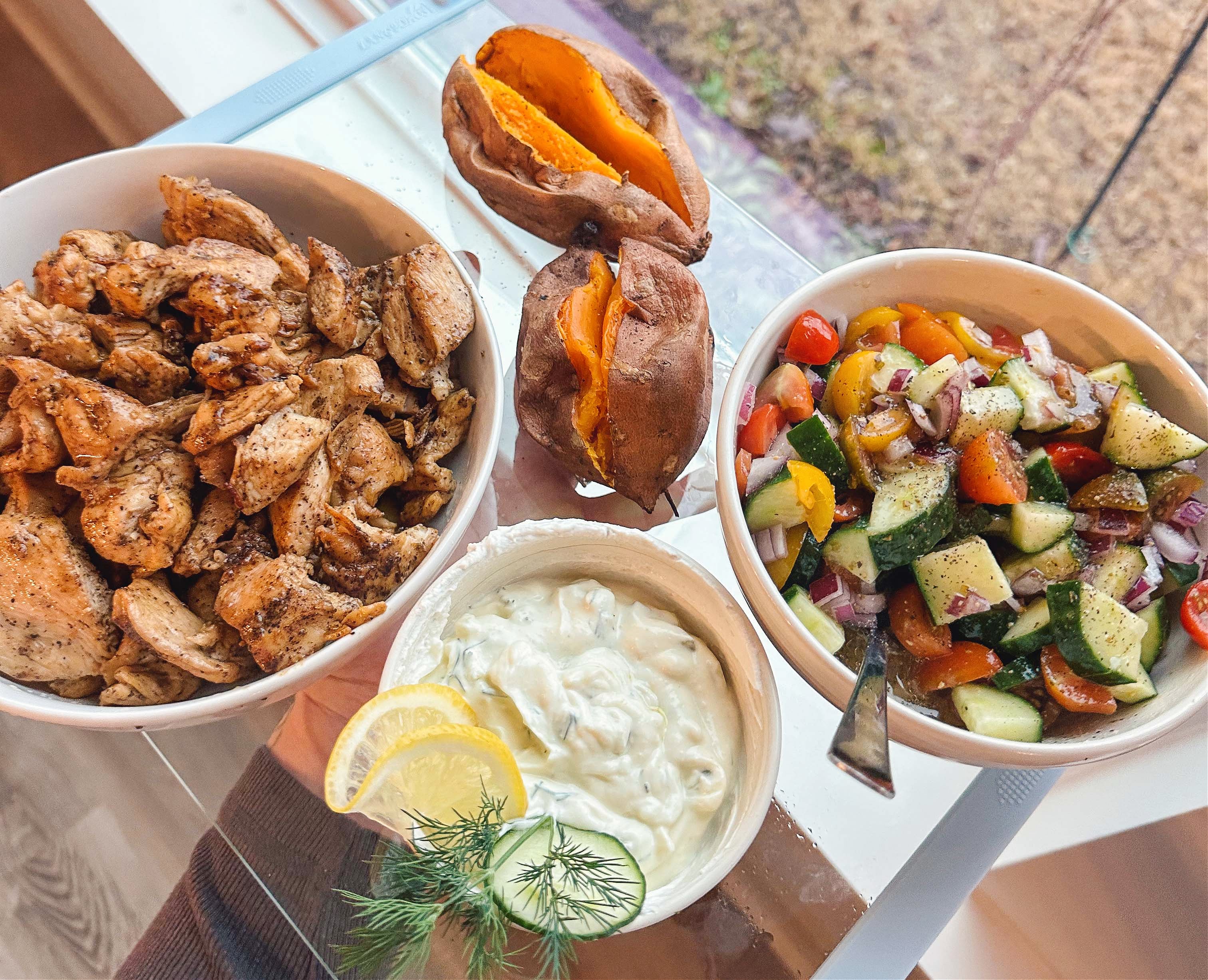 greek bowls, chicken, tzatziki, sweet potato, healthy dinner, gluten free, greek dressing, cucumbers, healthy dinner, easy 30 minute meal, meal prep, recipes, simply taralynn, greek bowls for dinner, dutch oven chicken, easy dinner idea, lemon, family dinner, food prep, nutrition, protein bowls