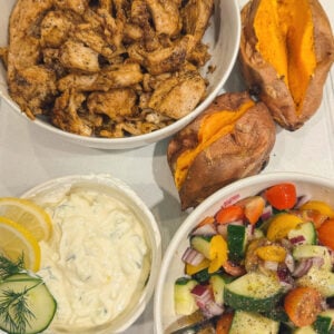 greek bowls, chicken, tzatziki, sweet potato, healthy dinner, gluten free, greek dressing, cucumbers, healthy dinner, easy 30 minute meal, meal prep, recipes, simply taralynn, greek bowls for dinner, dutch oven chicken, easy dinner idea, lemon, family dinner, food prep, nutrition, protein bowls