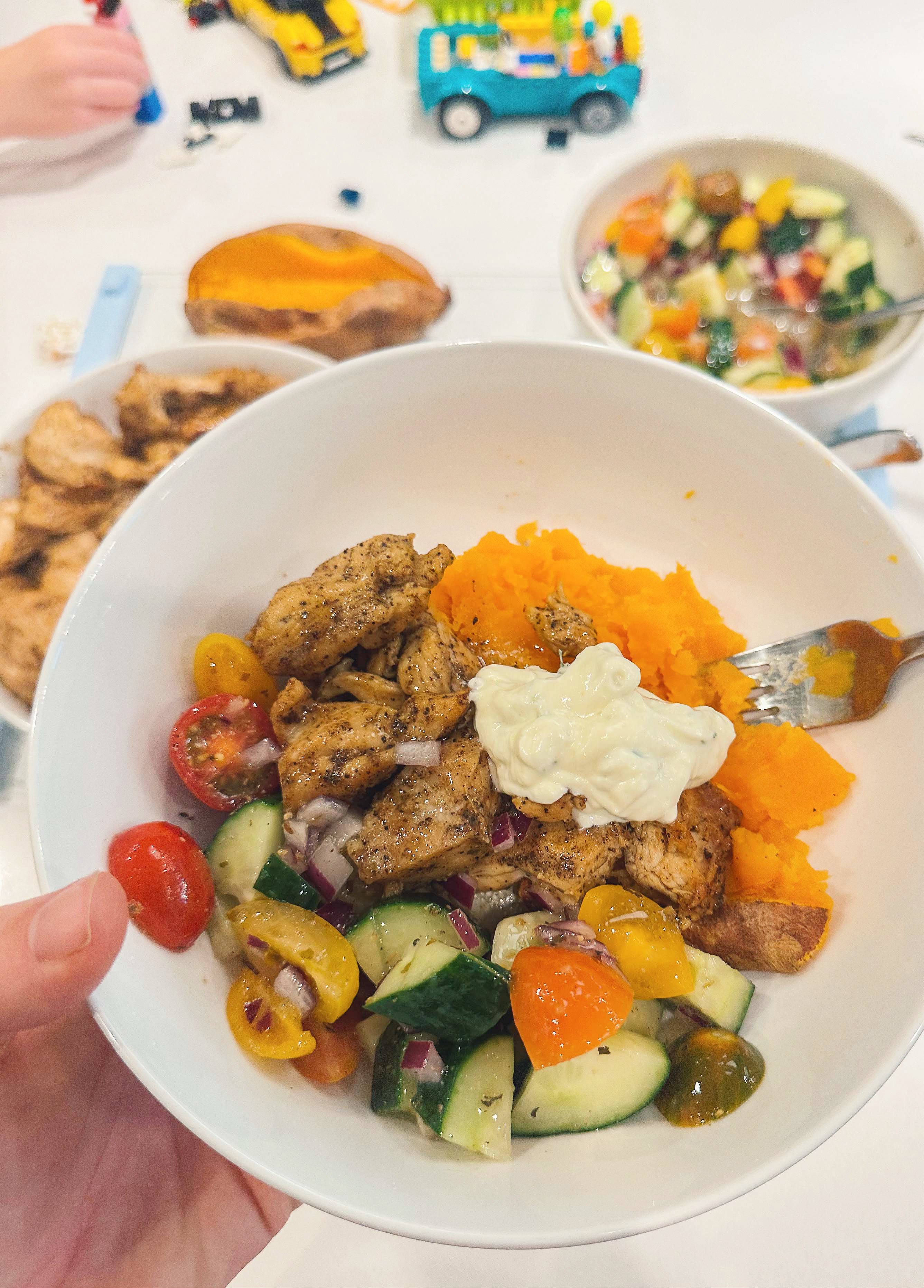 greek bowls, chicken, tzatziki, sweet potato, healthy dinner, gluten free, greek dressing, cucumbers, healthy dinner, easy 30 minute meal, meal prep, recipes, simply taralynn, greek bowls for dinner, dutch oven chicken, easy dinner idea, lemon, family dinner, food prep, nutrition, protein bowls