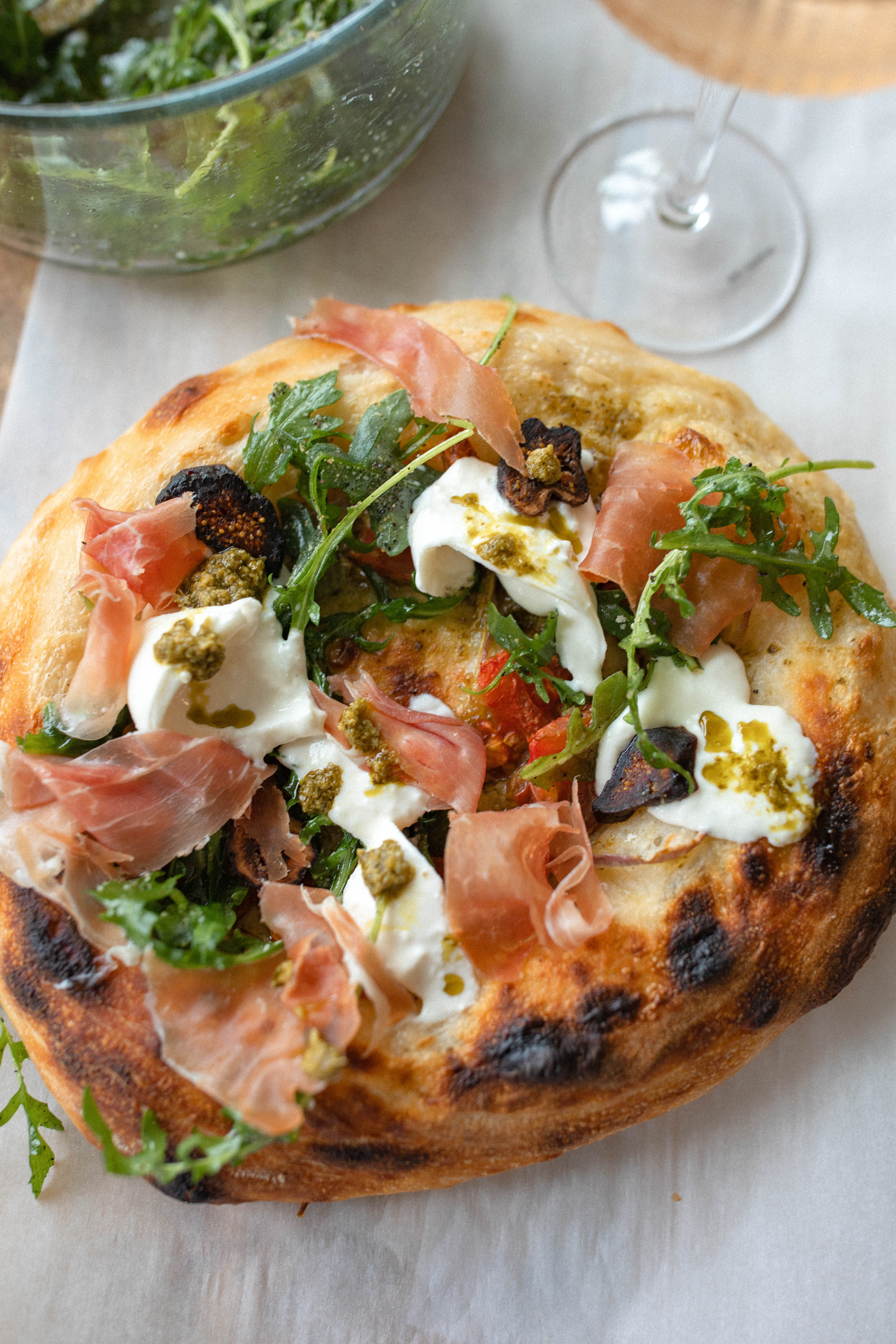 sourdough pizza, prosciutto, balsamic, glaze, figs, pesto, pizza recipe, charcuterie pizza, best recipe ever, sourdough, puffy crust