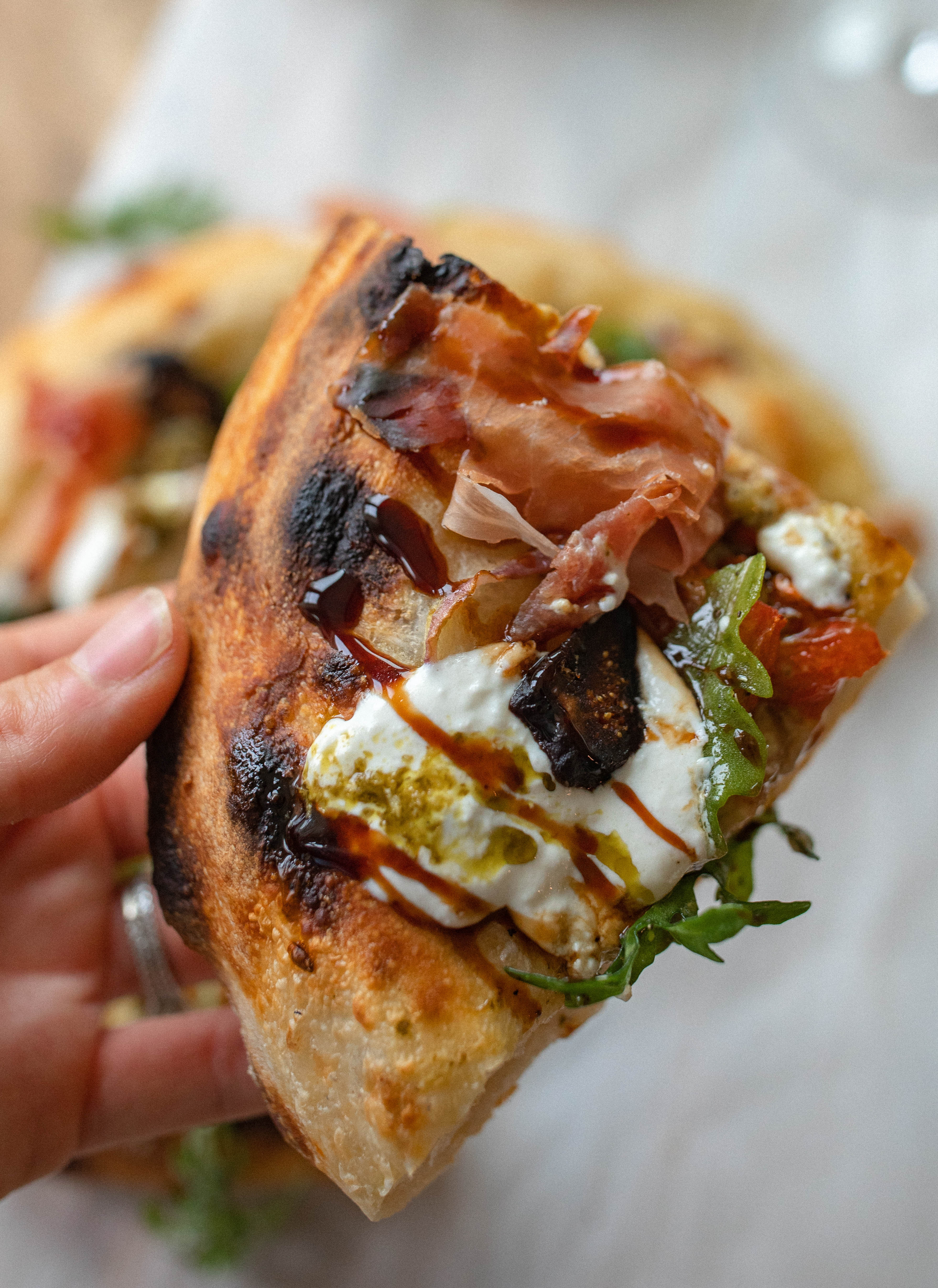 sourdough pizza, prosciutto, balsamic, glaze, figs, pesto, pizza recipe, charcuterie pizza, best recipe ever, sourdough, puffy crust