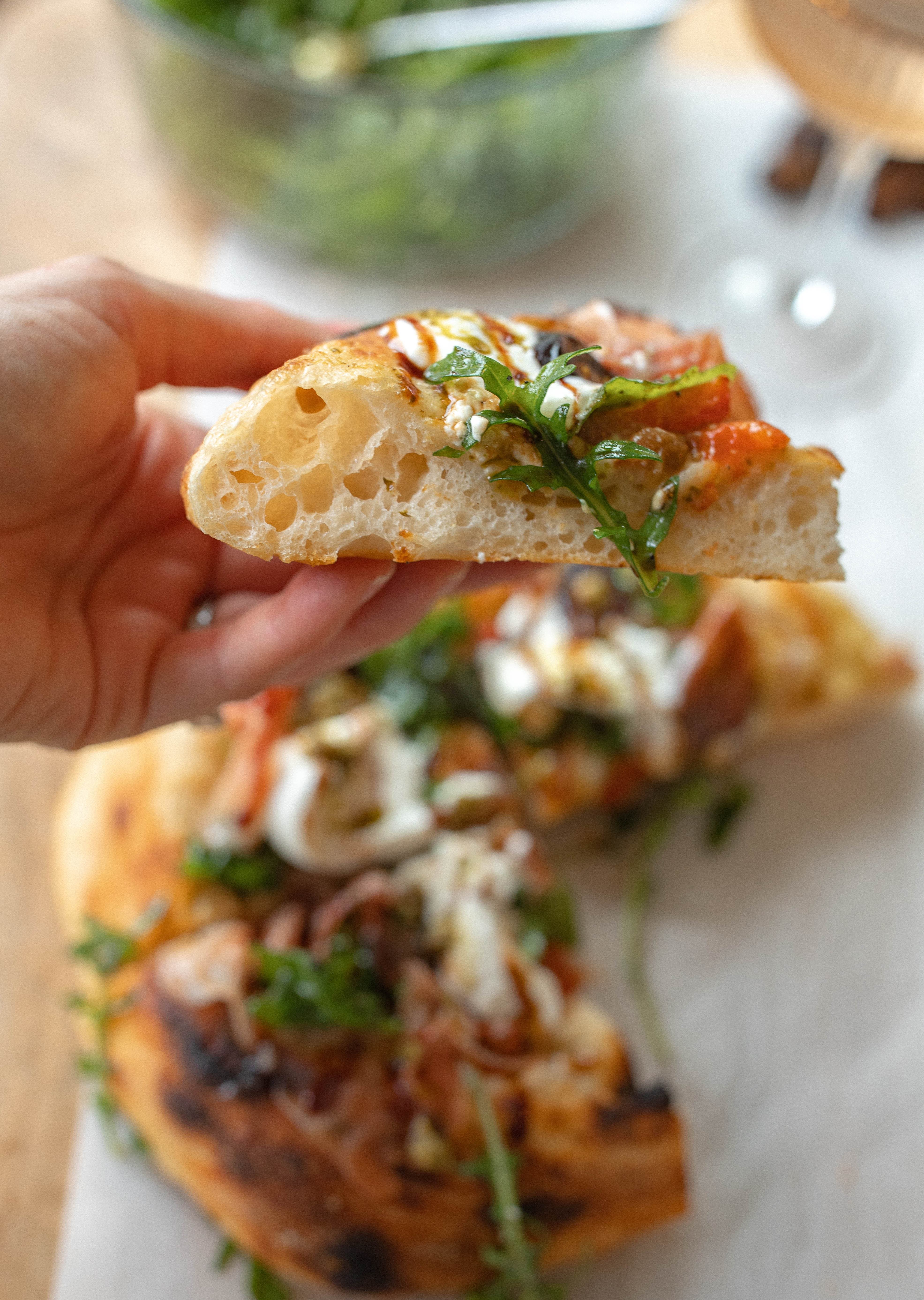 sourdough pizza, prosciutto, balsamic, glaze, figs, pesto, pizza recipe, charcuterie pizza, best recipe ever, sourdough, puffy crust