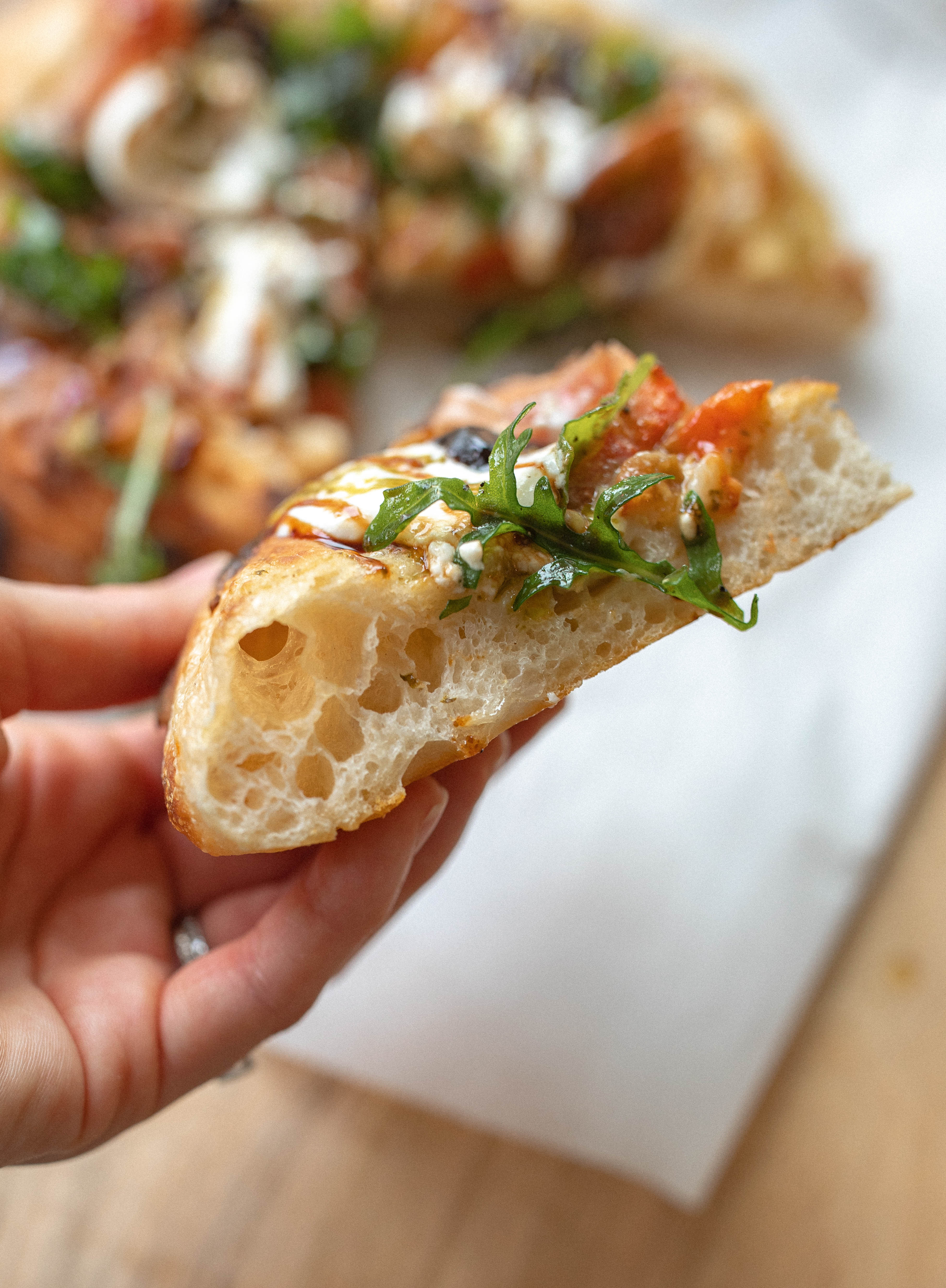 sourdough pizza, prosciutto, balsamic, glaze, figs, pesto, pizza recipe, charcuterie pizza, best recipe ever, sourdough, puffy crust