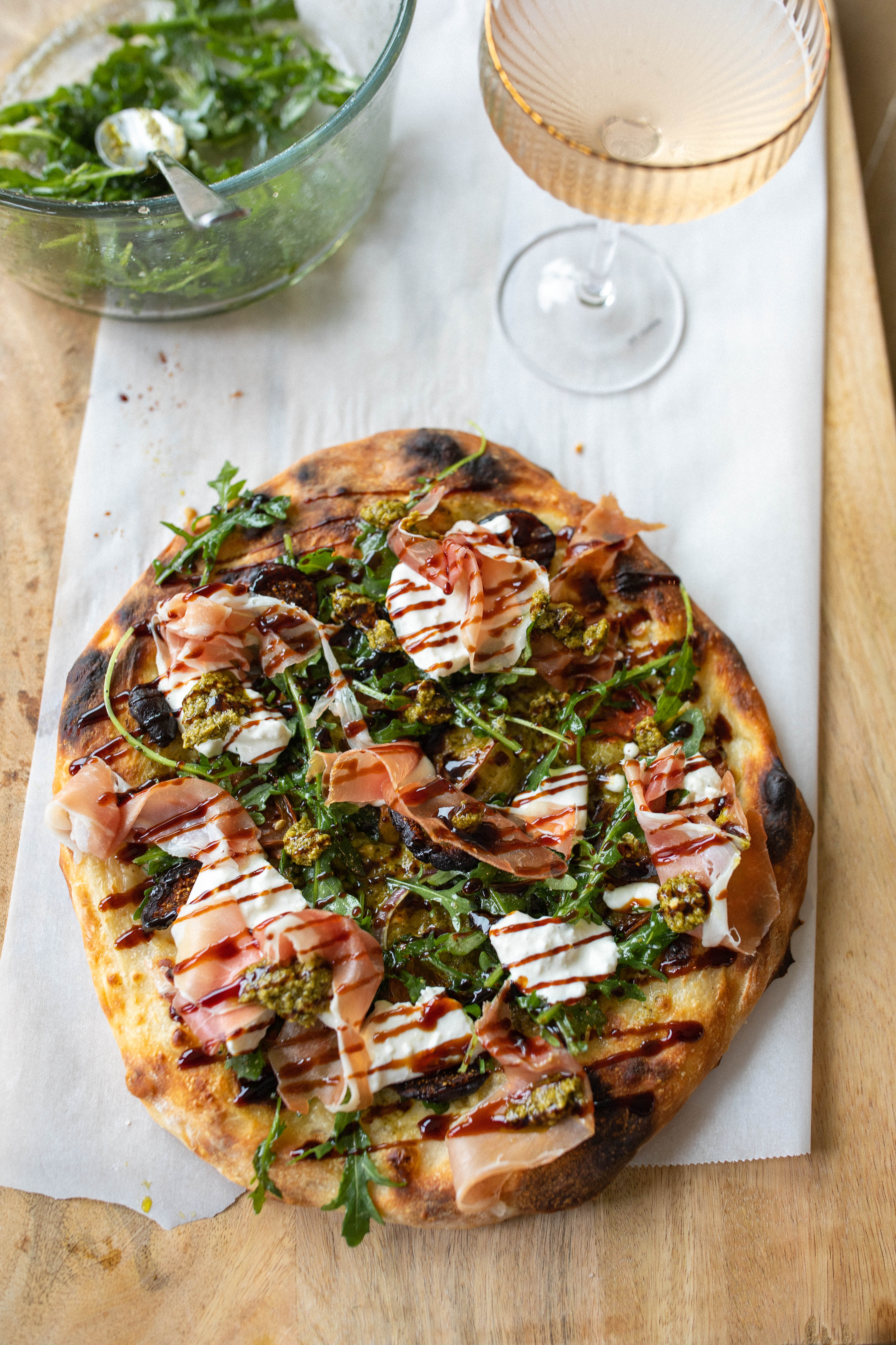 sourdough pizza, prosciutto, balsamic, glaze, figs, pesto, pizza recipe, charcuterie pizza, best recipe ever, sourdough, puffy crust