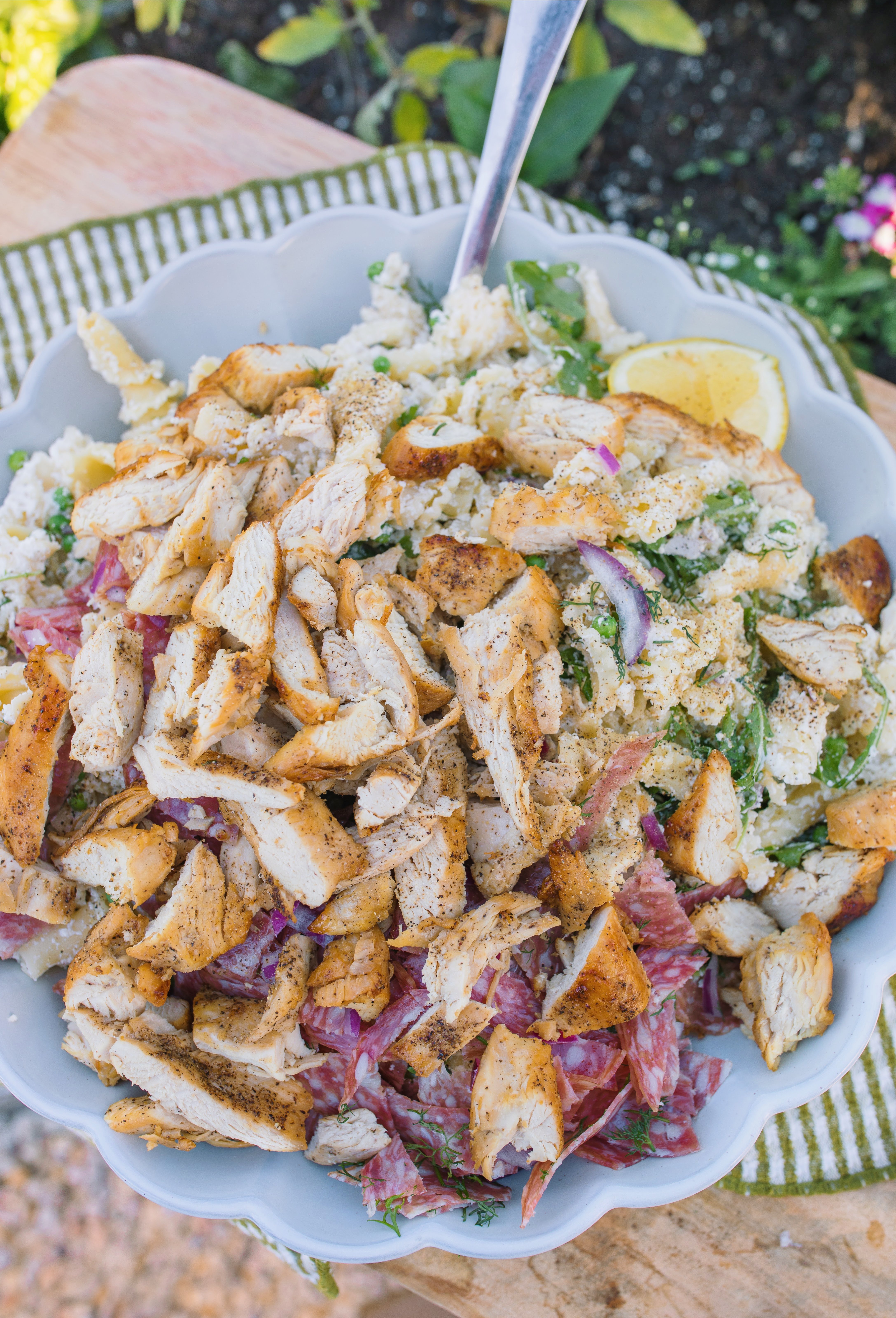 pasta salad, arugula, trader joes, salami, cold pasta salad recipe, ricotta, lemon ricotta pasta salad, pepper, sea salt, garlic, grilled chicken, healthy recipes, spring recipes, potluck, easy to make, lemon pasta, garlic, arugula salad, pasta salad for summer, summer recipes, beautiful pasta