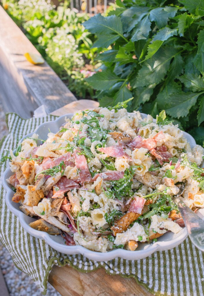 pasta salad, arugula, trader joes, salami, cold pasta salad recipe, ricotta, lemon ricotta pasta salad, pepper, sea salt, garlic, grilled chicken, healthy recipes, spring recipes, potluck, easy to make, lemon pasta, garlic, arugula salad, pasta salad for summer, summer recipes, beautiful pasta