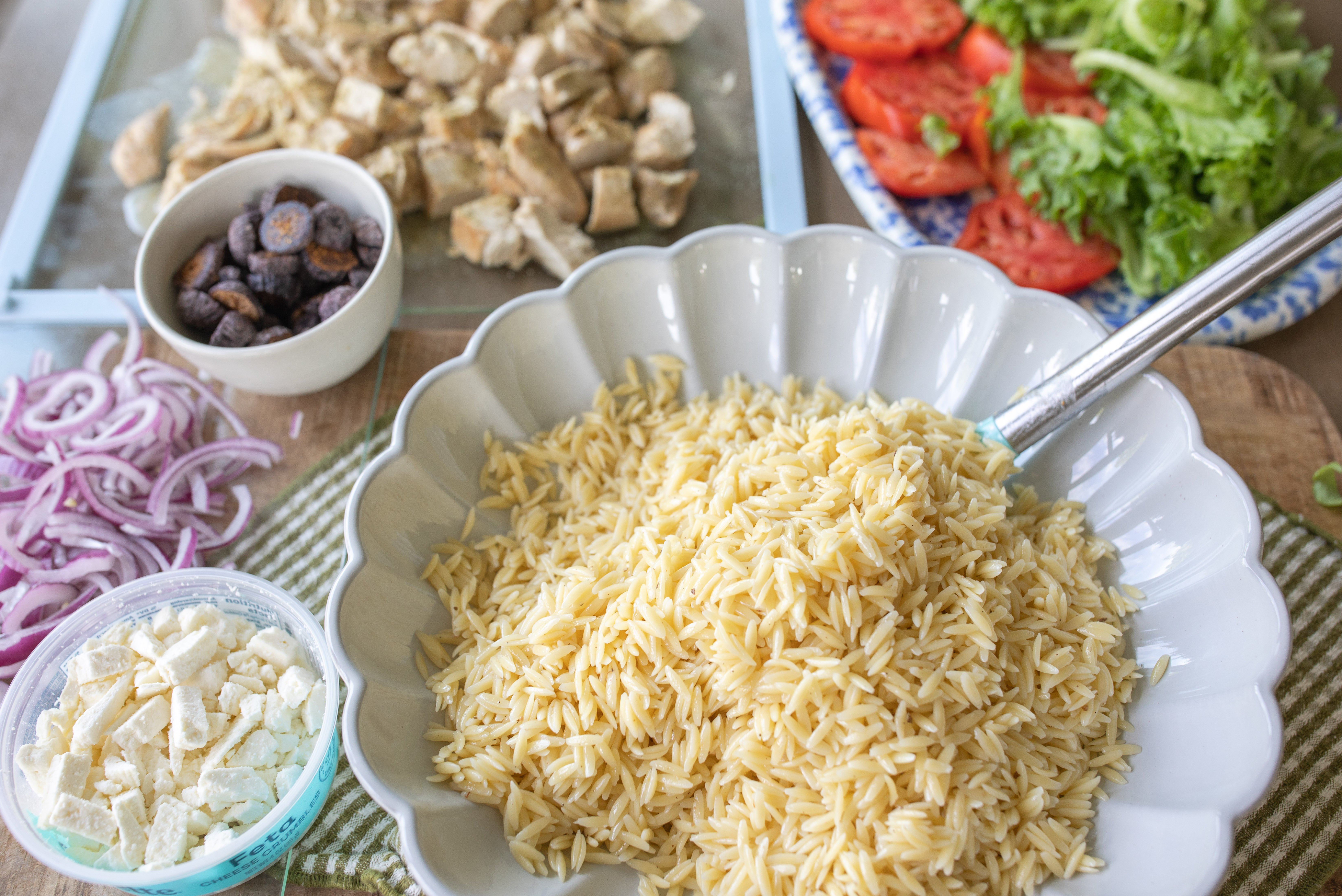 greek recipe, orzo, pasta salad, figs, feta, greek chicken, dinner, healthy recipes, family recipes, dinner ideas, high protein, dinner together, summer, spring, fresh recipes, heirloom tomatoes, 30 minute meals, corn, orzo pasta salad, salad, healthy recipes, greek dressing, lunch, cold pasta salad