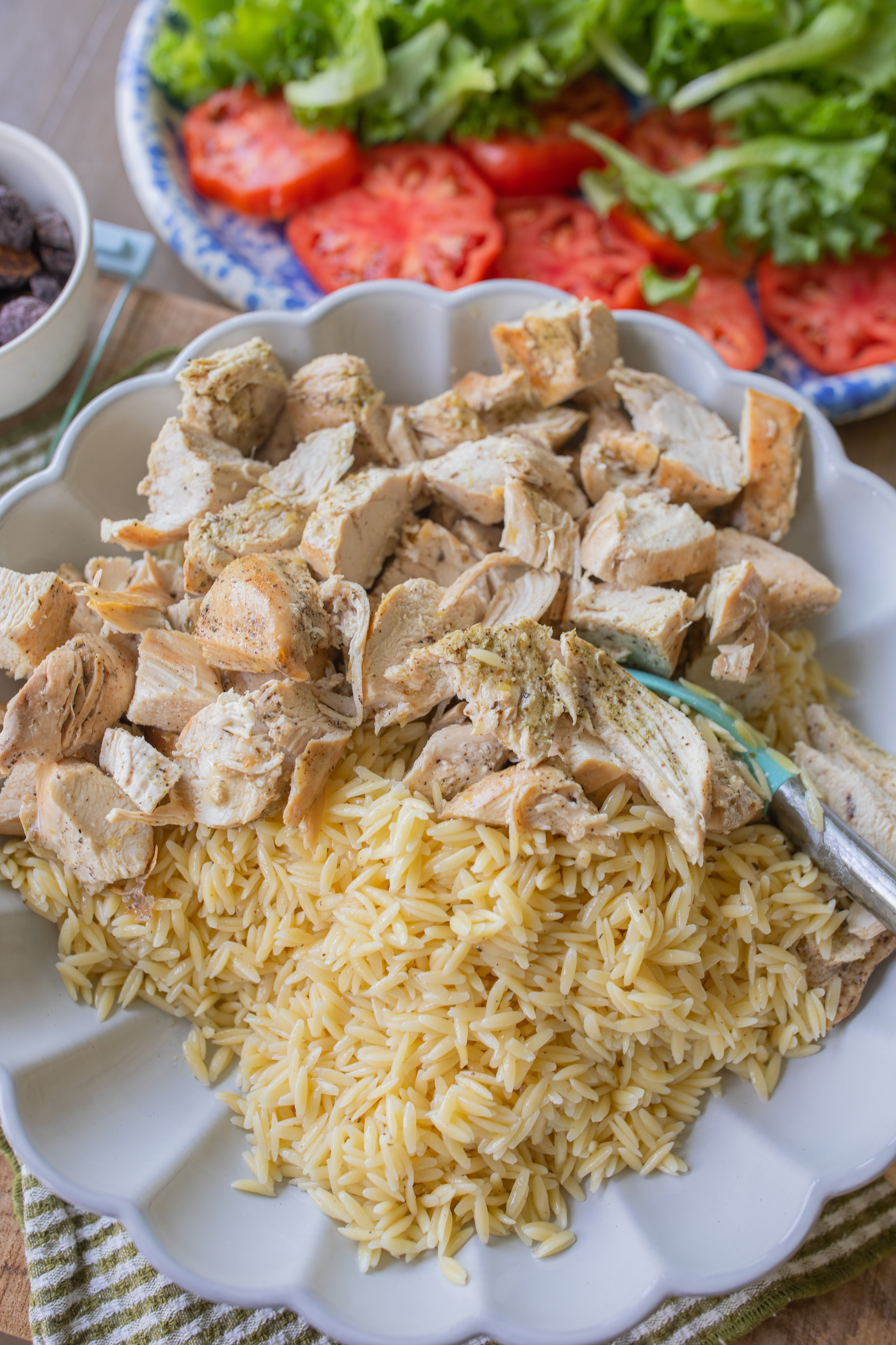 greek recipe, orzo, pasta salad, figs, feta, greek chicken, dinner, healthy recipes, family recipes, dinner ideas, high protein, dinner together, summer, spring, fresh recipes, heirloom tomatoes, 30 minute meals, corn, orzo pasta salad, salad, healthy recipes, greek dressing, lunch, cold pasta salad