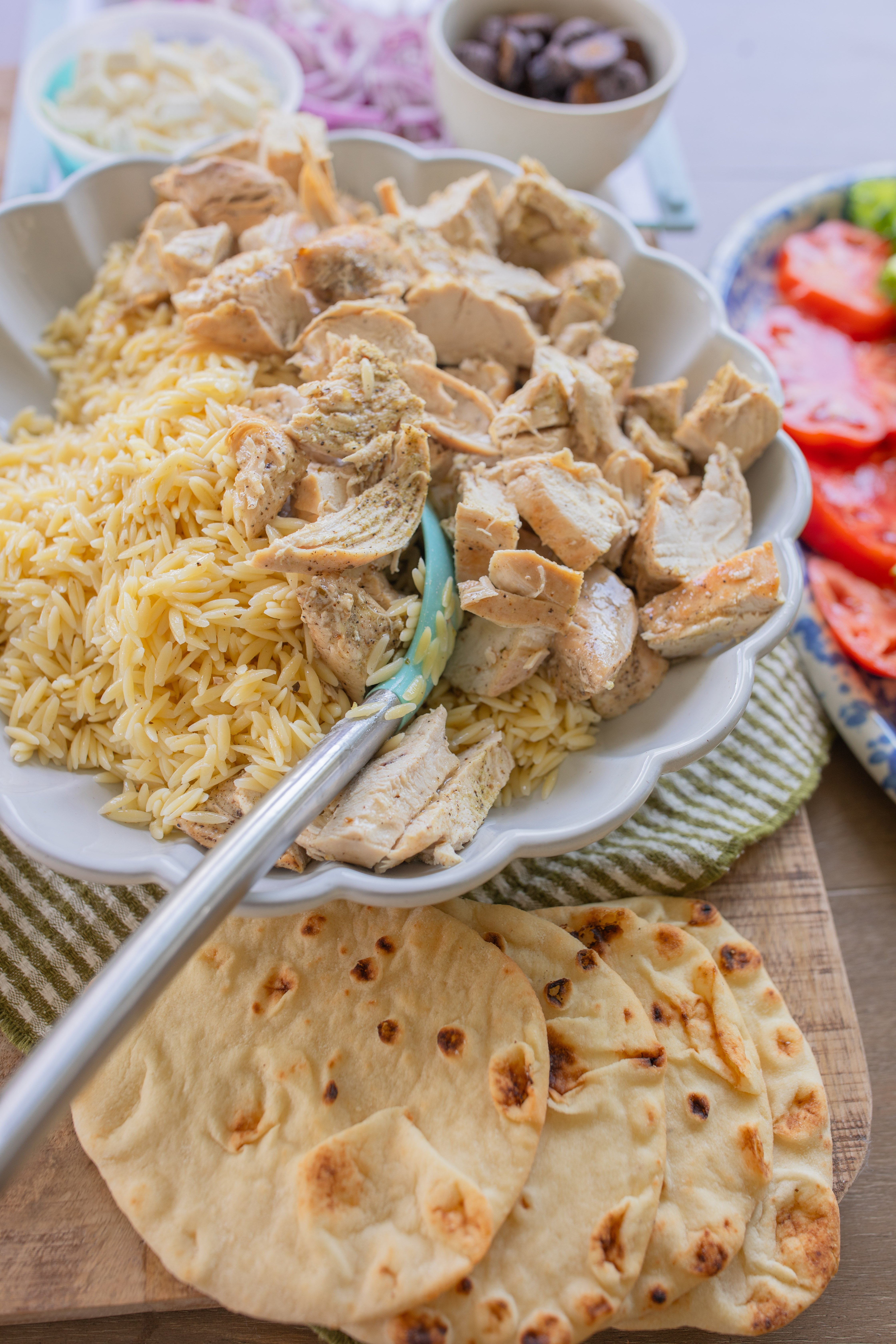 greek recipe, orzo, pasta salad, figs, feta, greek chicken, dinner, healthy recipes, family recipes, dinner ideas, high protein, dinner together, summer, spring, fresh recipes, heirloom tomatoes, 30 minute meals, corn, orzo pasta salad, salad, healthy recipes, greek dressing, lunch, cold pasta salad