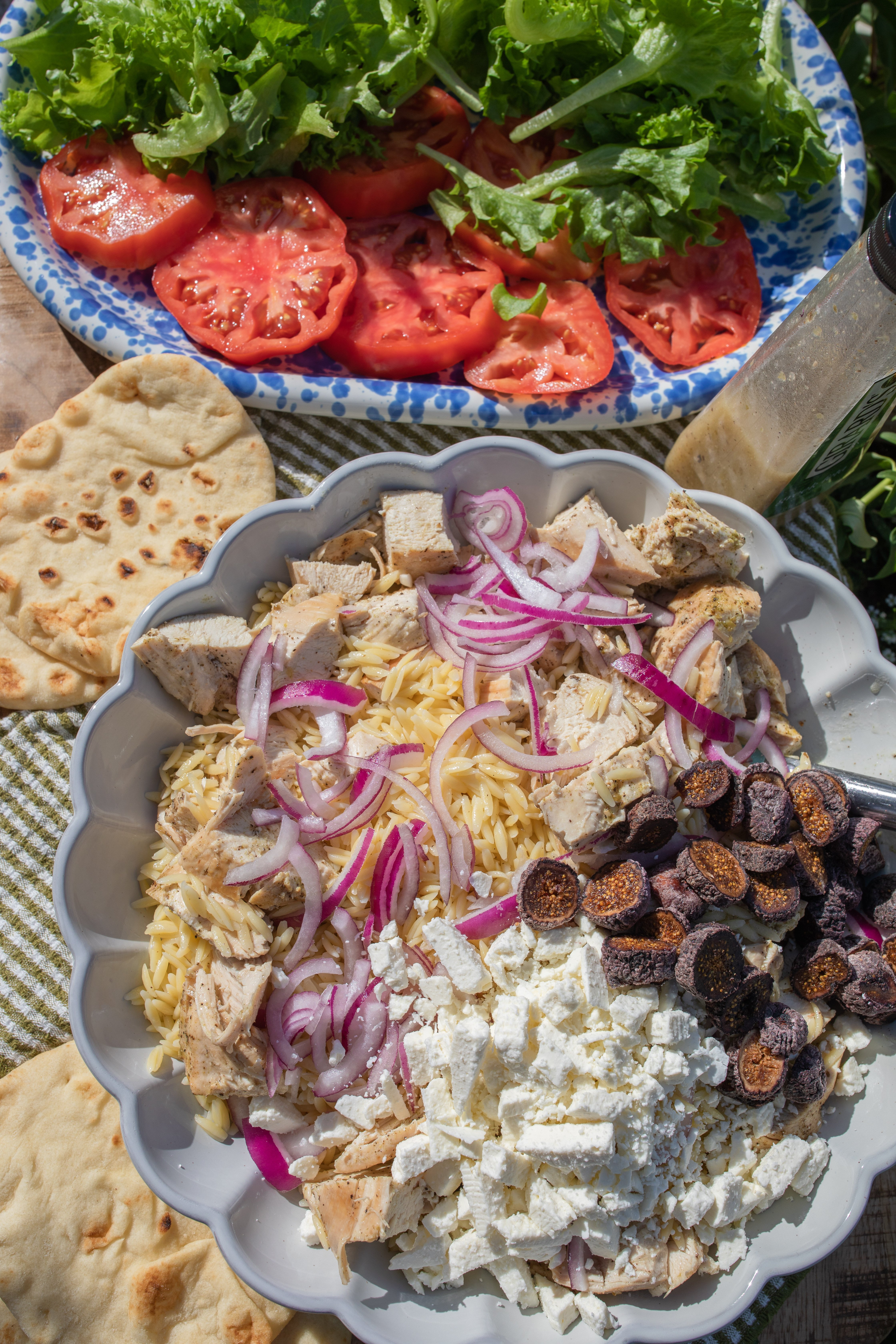 greek recipe, orzo, pasta salad, figs, feta, greek chicken, dinner, healthy recipes, family recipes, dinner ideas, high protein, dinner together, summer, spring, fresh recipes, heirloom tomatoes, 30 minute meals, corn, orzo pasta salad, salad, healthy recipes, greek dressing, lunch, cold pasta salad