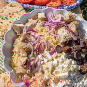 greek recipe, orzo, pasta salad, figs, feta, greek chicken, dinner, healthy recipes, family recipes, dinner ideas, high protein, dinner together, summer, spring, fresh recipes, heirloom tomatoes, 30 minute meals, corn, orzo pasta salad, salad, healthy recipes, greek dressing, lunch, cold pasta salad
