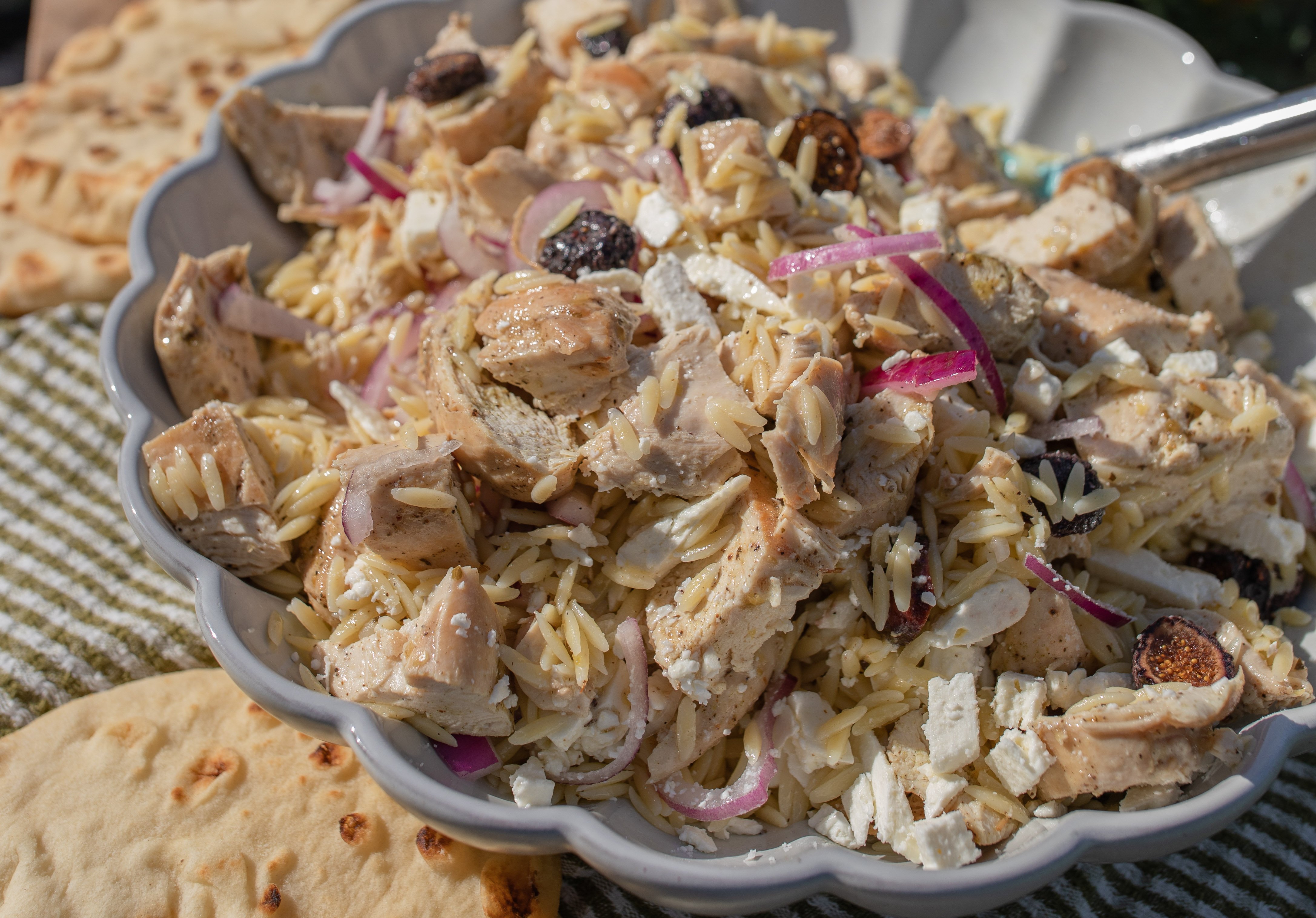 greek recipe, orzo, pasta salad, figs, feta, greek chicken, dinner, healthy recipes, family recipes, dinner ideas, high protein, dinner together, summer, spring, fresh recipes, heirloom tomatoes, 30 minute meals, corn, orzo pasta salad, salad, healthy recipes, greek dressing, lunch, cold pasta salad