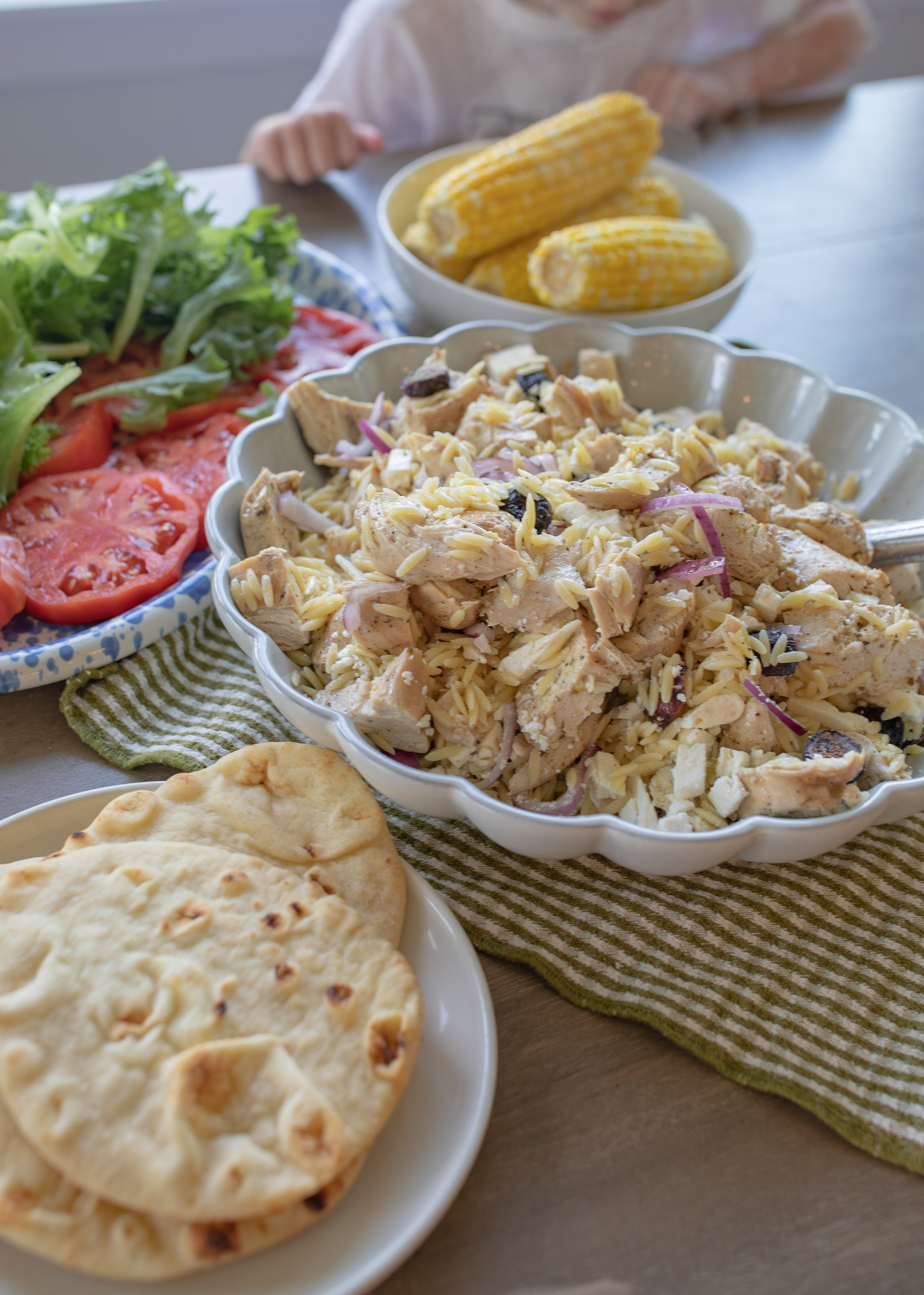 greek recipe, orzo, pasta salad, figs, feta, greek chicken, dinner, healthy recipes, family recipes, dinner ideas, high protein, dinner together, summer, spring, fresh recipes, heirloom tomatoes, 30 minute meals, corn, orzo pasta salad, salad, healthy recipes, greek dressing, lunch, cold pasta salad