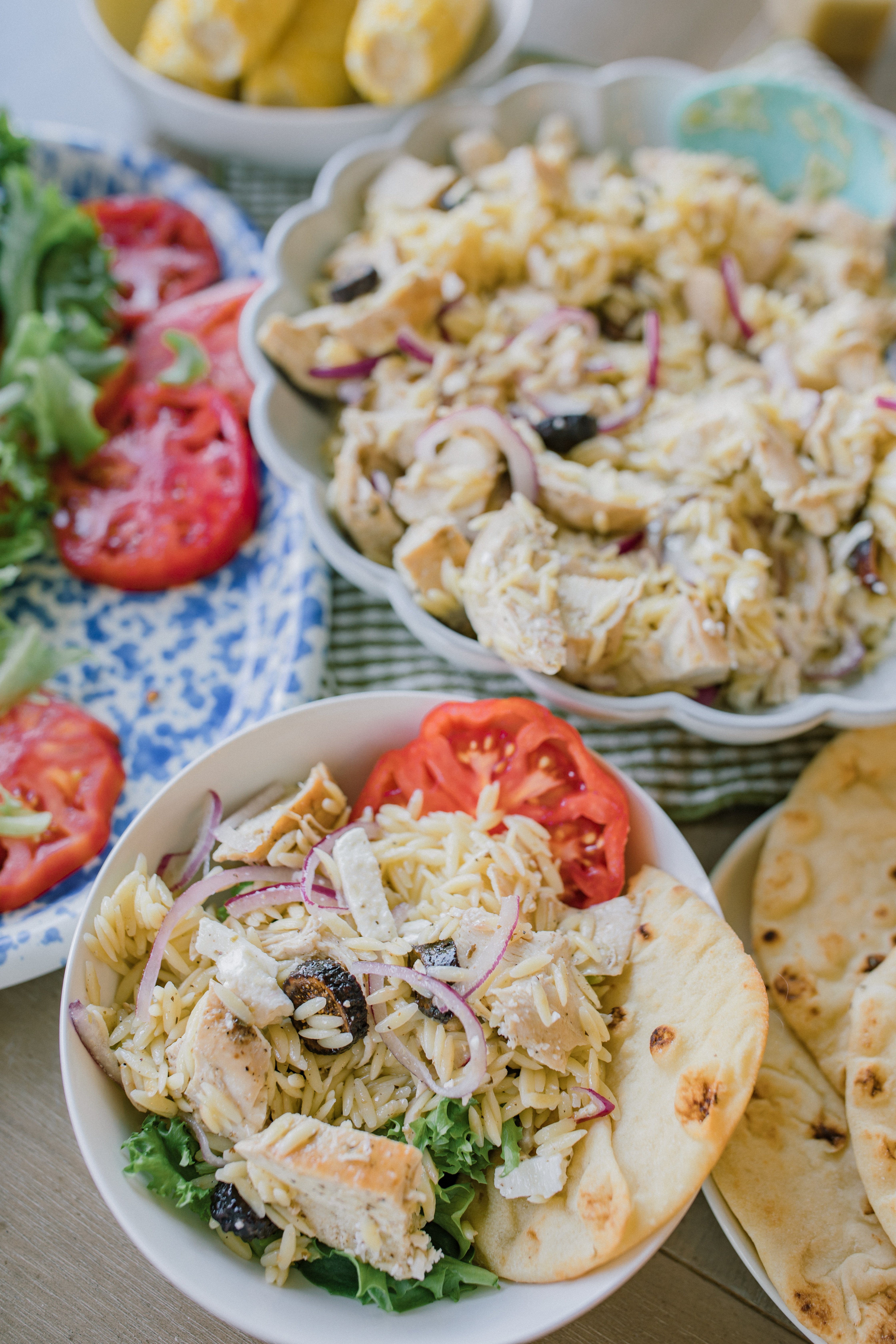 greek recipe, orzo, pasta salad, figs, feta, greek chicken, dinner, healthy recipes, family recipes, dinner ideas, high protein, dinner together, summer, spring, fresh recipes, heirloom tomatoes, 30 minute meals, corn, orzo pasta salad, salad, healthy recipes, greek dressing, lunch, cold pasta salad