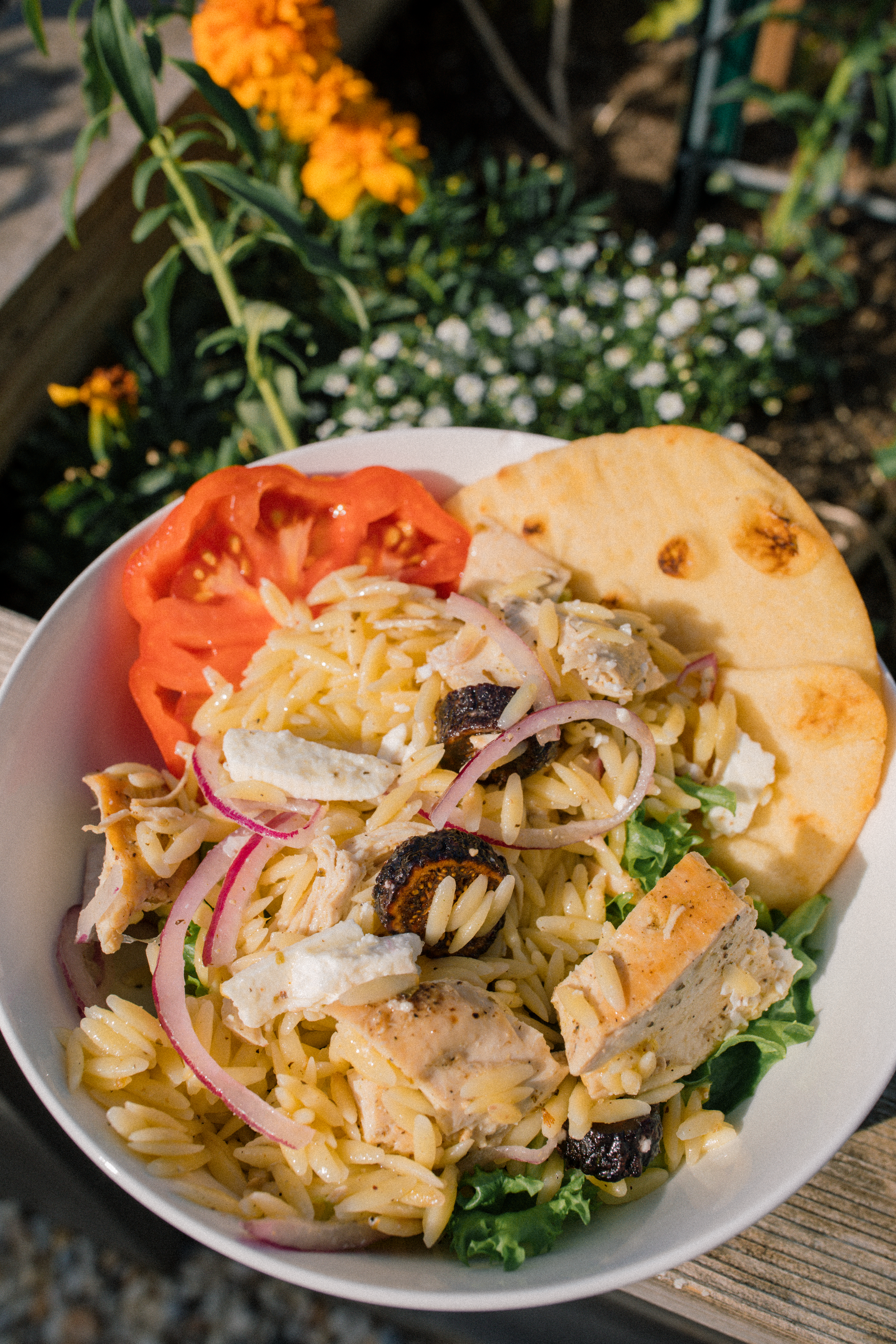 greek recipe, orzo, pasta salad, figs, feta, greek chicken, dinner, healthy recipes, family recipes, dinner ideas, high protein, dinner together, summer, spring, fresh recipes, heirloom tomatoes, 30 minute meals, corn, orzo pasta salad, salad, healthy recipes, greek dressing, lunch, cold pasta salad