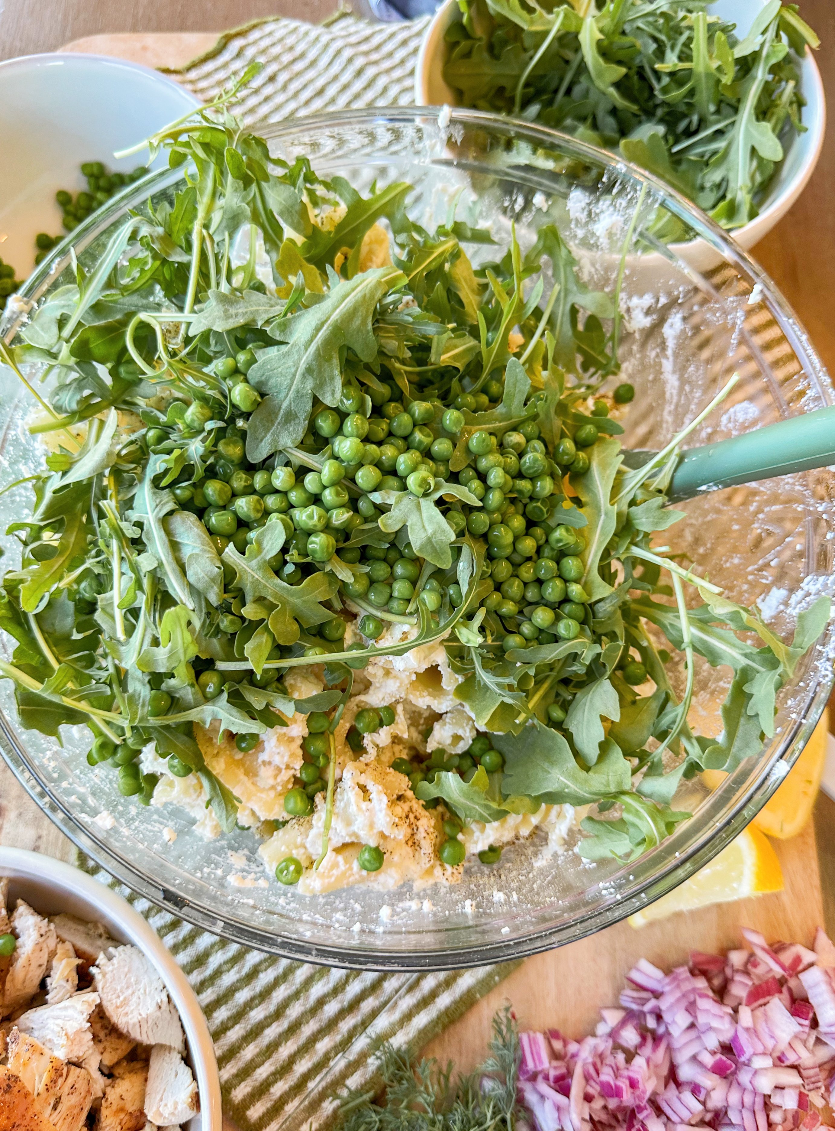 pasta salad, arugula, trader joes, salami, cold pasta salad recipe, ricotta, lemon ricotta pasta salad, pepper, sea salt, garlic, grilled chicken, healthy recipes, spring recipes, potluck, easy to make, lemon pasta, garlic, arugula salad, pasta salad for summer, summer recipes, beautiful pasta